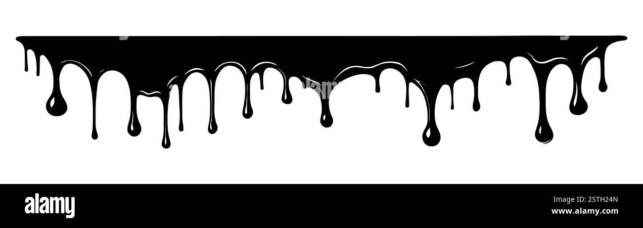 Schwarz tropfende Farbe, schmelzende Schokolade oder Tropfen Öl. Satz abstrakter flüssiger Färbeelemente. Illustration des flachen Vektors von Tintenflüssen. Stock Vektor