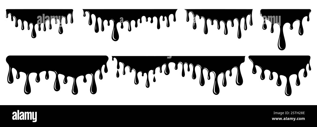 Schwarz tropfende Farbe, schmelzende Schokolade oder Tropfen Öl. Satz abstrakter flüssiger Färbeelemente. Illustration des flachen Vektors von Tintenflüssen. Stock Vektor