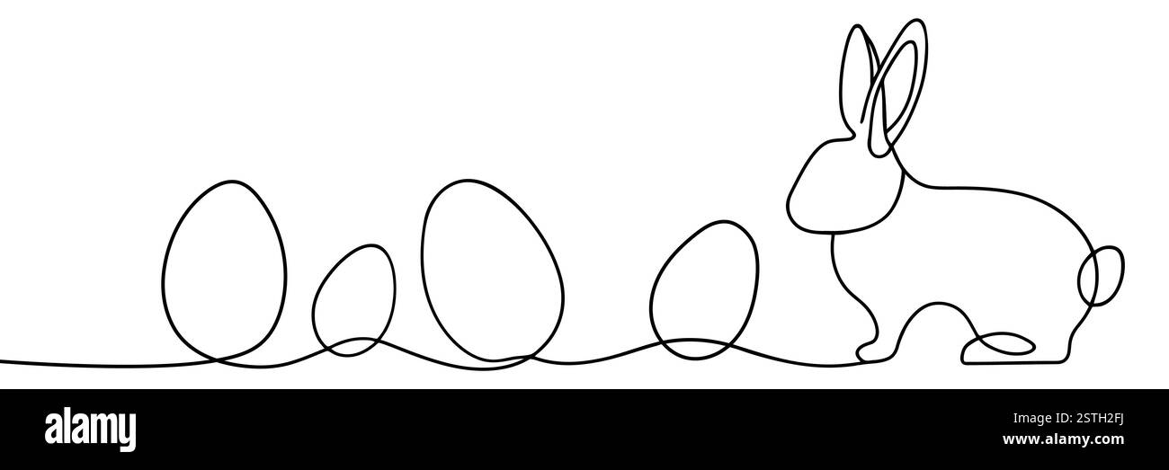 Eine fortlaufende Linienzeichnung von Ostereiern und Kaninchen. Begrüßungsbanner mit Häschen und Ohren in schlichtem, linearen Stil. Illustration des Kritzelvektors. Stock Vektor