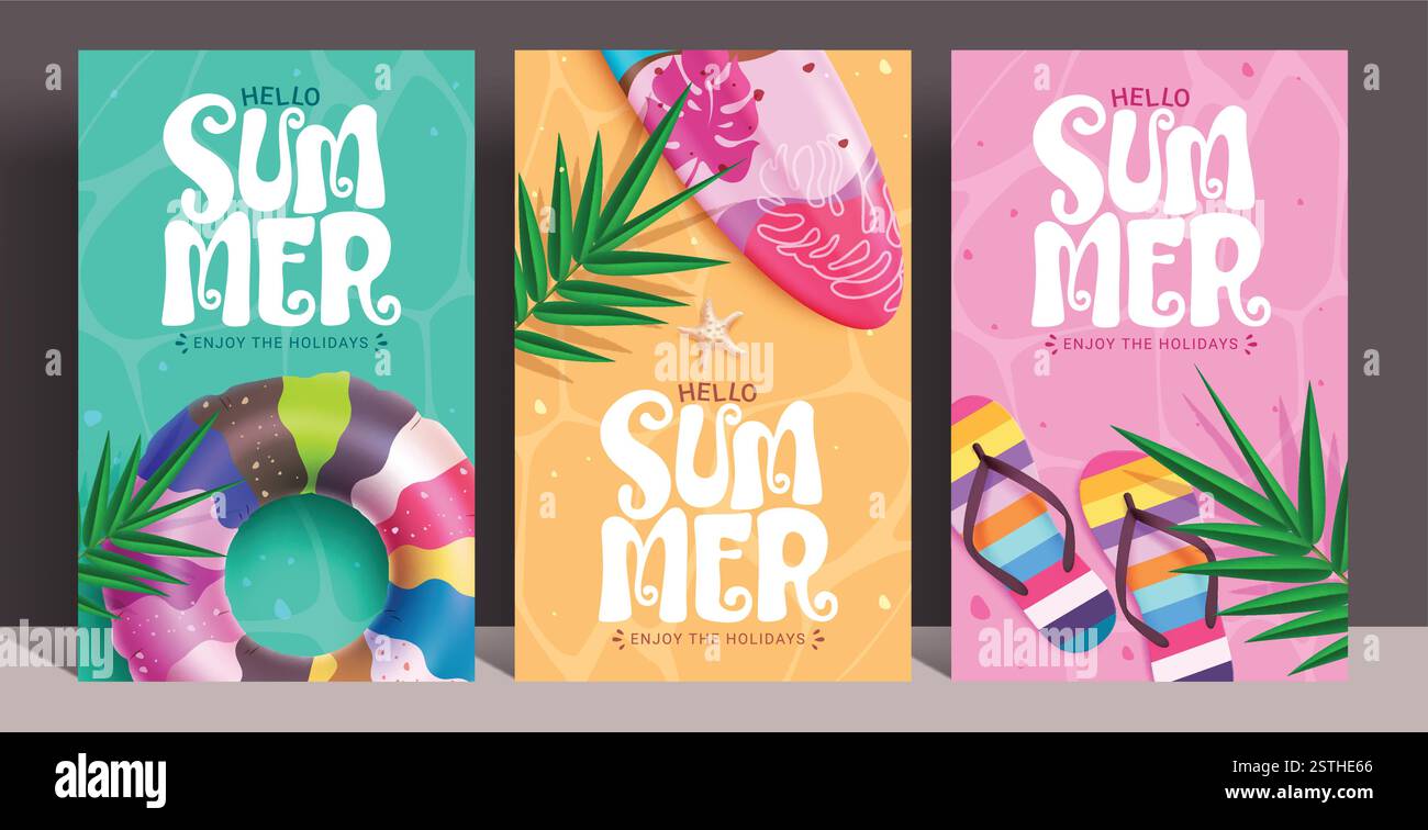 Hello Sommer abstrakter Hintergrund Clipart Poster Set. Hallo Sommer Grußtext in farbenfrohem tropischen Hintergrund mit aufblasbaren Floatern, Surfbrett. Stock Vektor