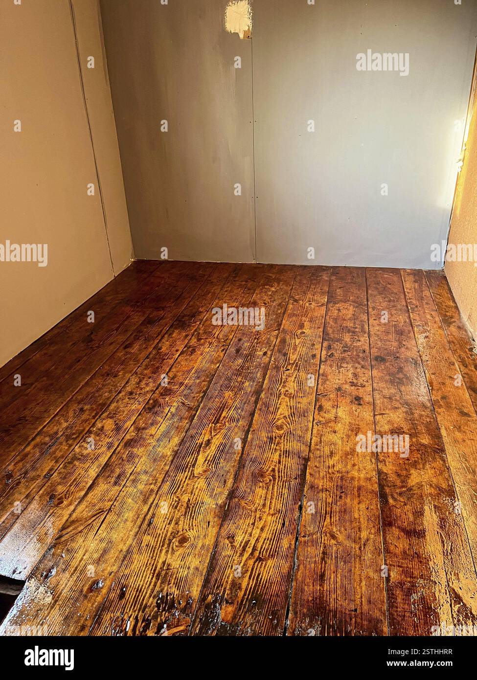 Renoviertes, kleines Zimmer mit Holzfußboden, das einen gemütlichen und einladenden Raum schafft Stockfoto