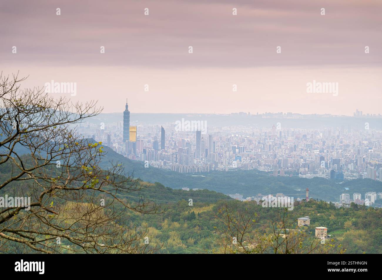 Blick auf das nebelige Stadtbild von Taipeh vom Dajian Mountain. Die Lichter der Stadt funkeln sanft im Dunst, während der Himmel darüber mit Delicat bemalt ist Stockfoto