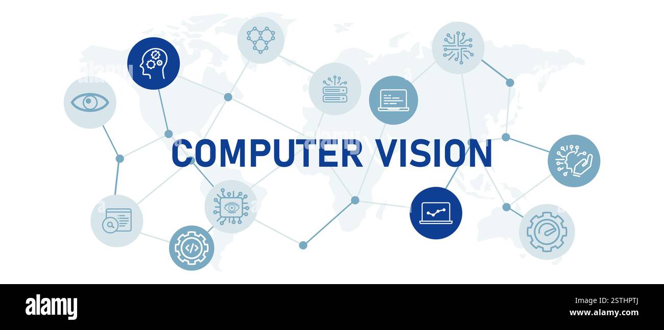 Computervision visuelle KI-Bildvideoerkennung Symbolsatz mit Illustrationserkennungssystem künstliche Intelligenz Deep Learning Programmierung Stock Vektor