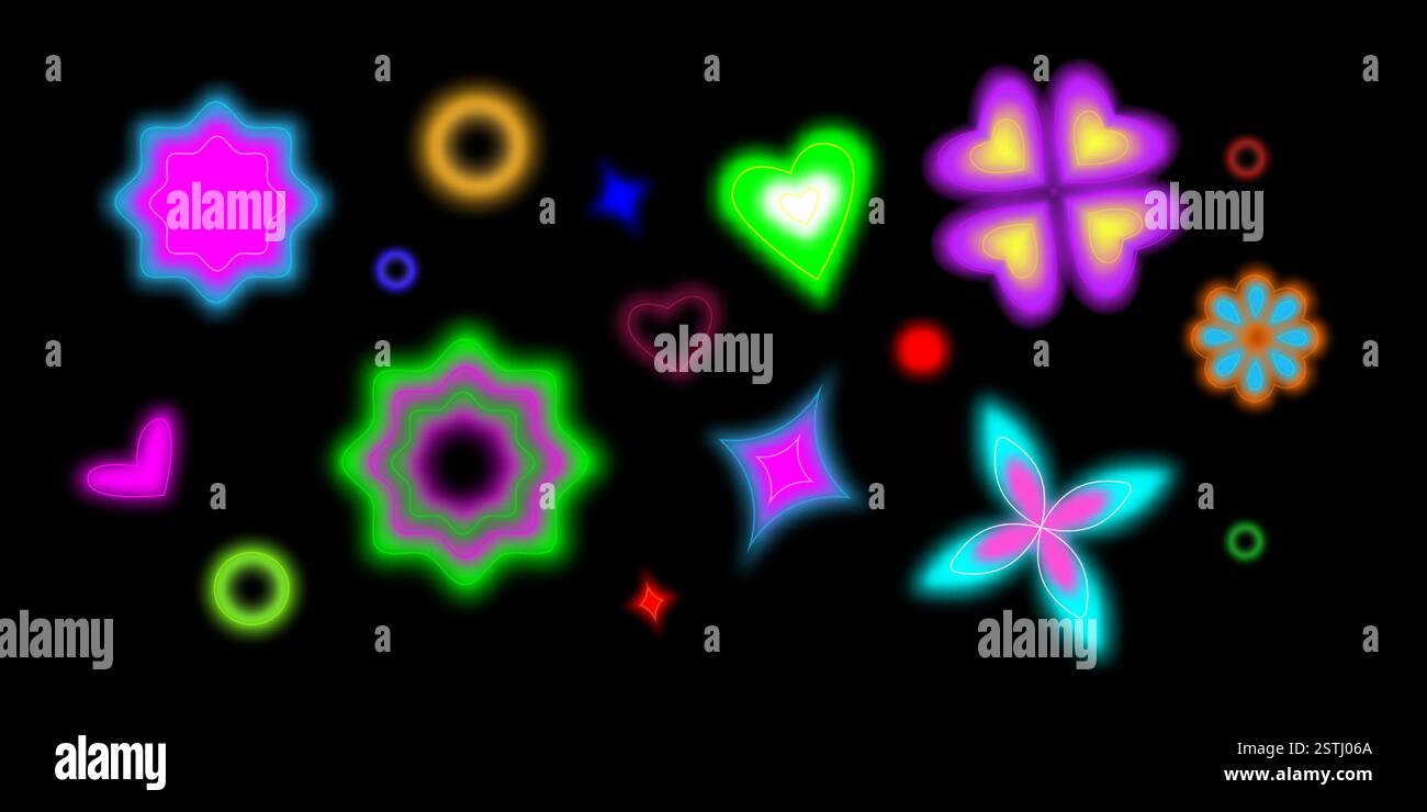 Y2K Neonformen auf schwarzem Hintergrund – leuchtende Herzen, Blumen, Sterne und funkelnde Farben. Leuchtende geometrische Retro-Elemente mit mehrfarbigen, unscharfen Konturen für trendiges digitales Design. Stock Vektor