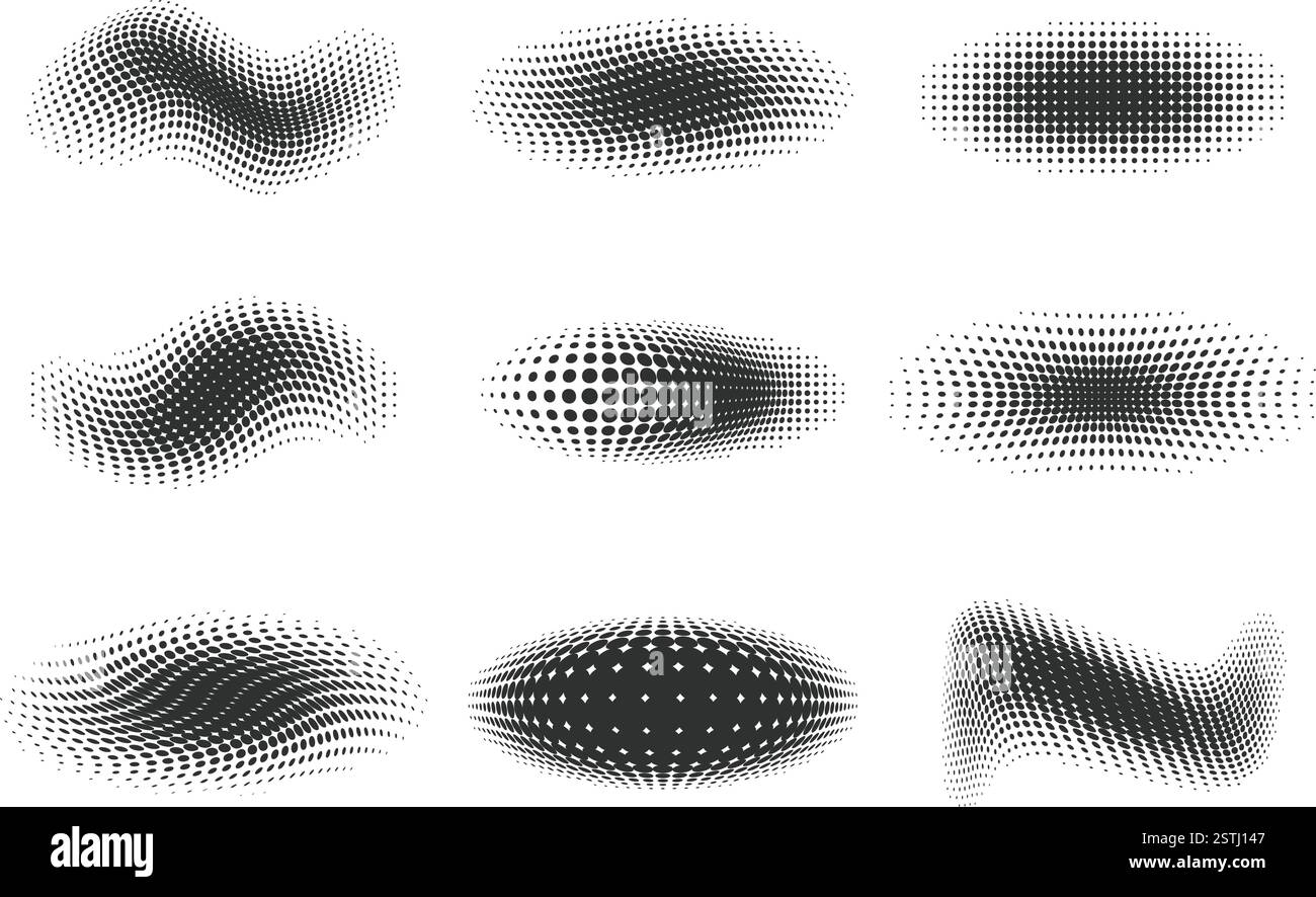 Gepunktete Vektorformen. Abstrakte Wellenelemente des Gradienten isoliert auf weißem Hintergrund. Geometrische Halbtonlinien mit Abstufungstextur. Geschwungene Dynamik Stock Vektor