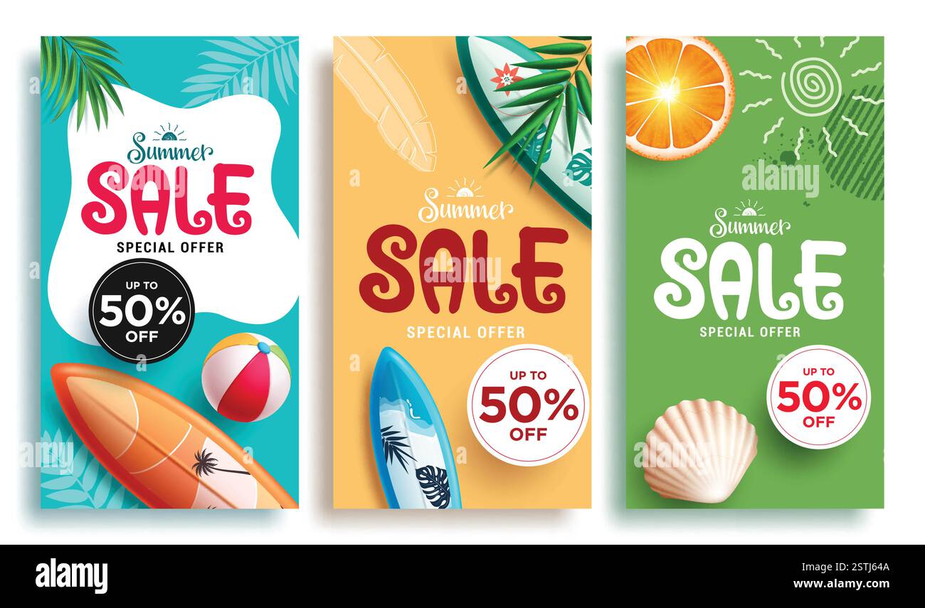 Sommerangebot Clipart-Poster-Set. Sommerangebot Text in farbenfrohem Hintergrund für Urlaub 50 % Rabatt auf Shopping Discount Clip Art Sammlung Stock Vektor