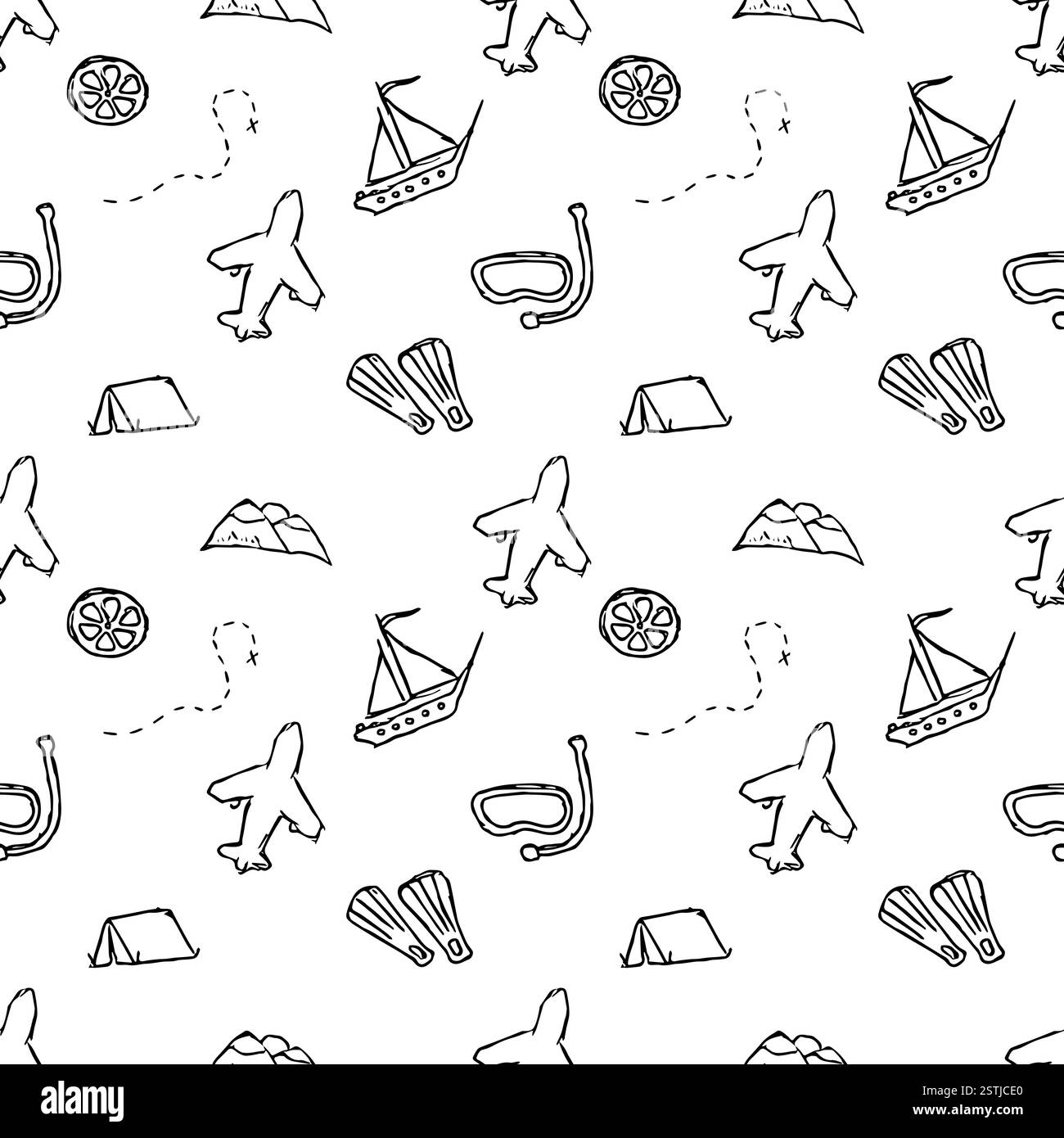 Nahtloses Sommermuster. Zeichnen eines Sommerreisemusters. Reise Urlaub Set von Symbolen, Reise und Reise Hintergrund. Bewegungsskizze. Urlaubsskizze. Stock Vektor