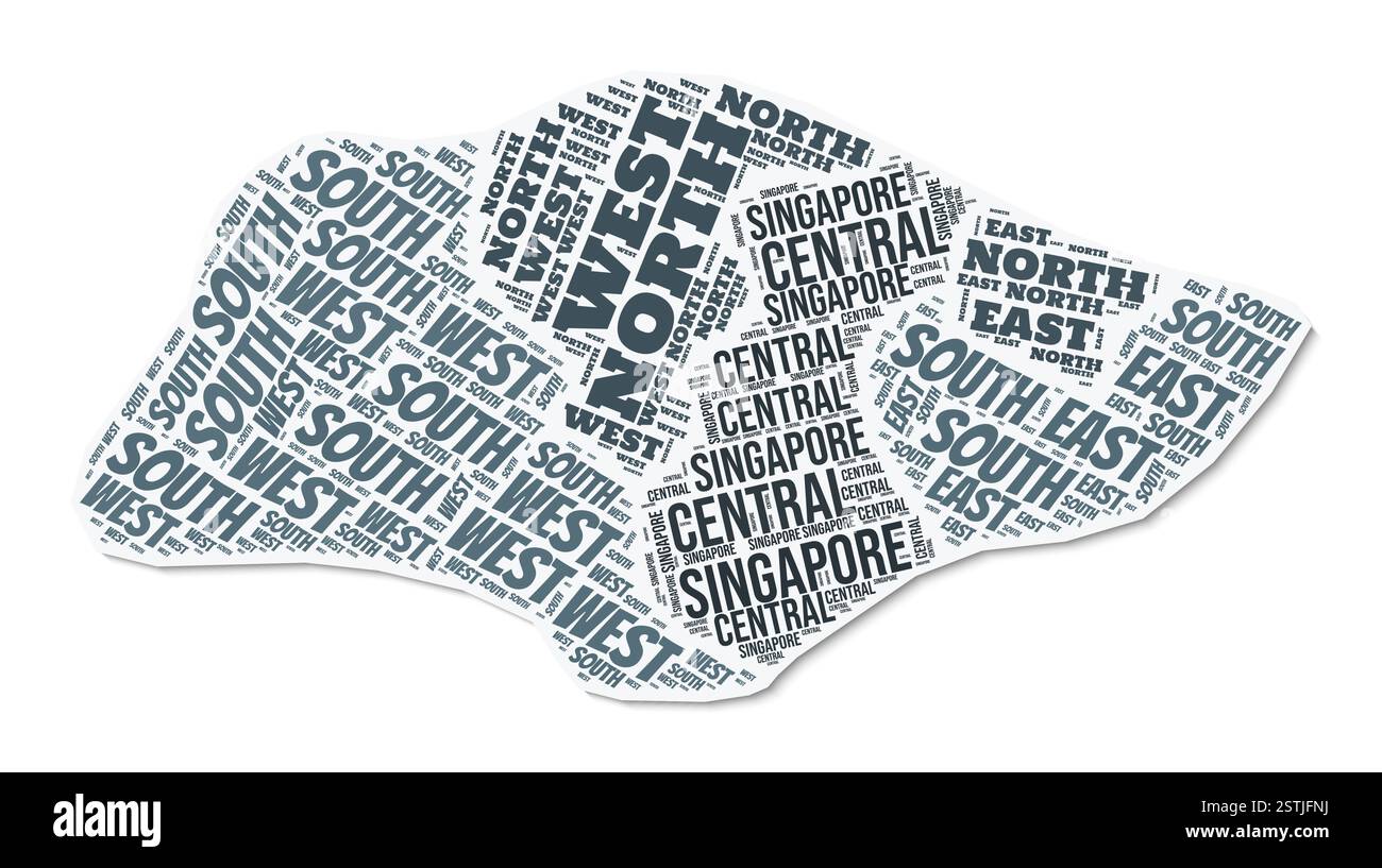 Textwolke in Singapur. Ländergrenze mit Schatten auf weißem Hintergrund. Singapur mit regionaler Aufteilung im Vintage gazette-Stil. Stock Vektor