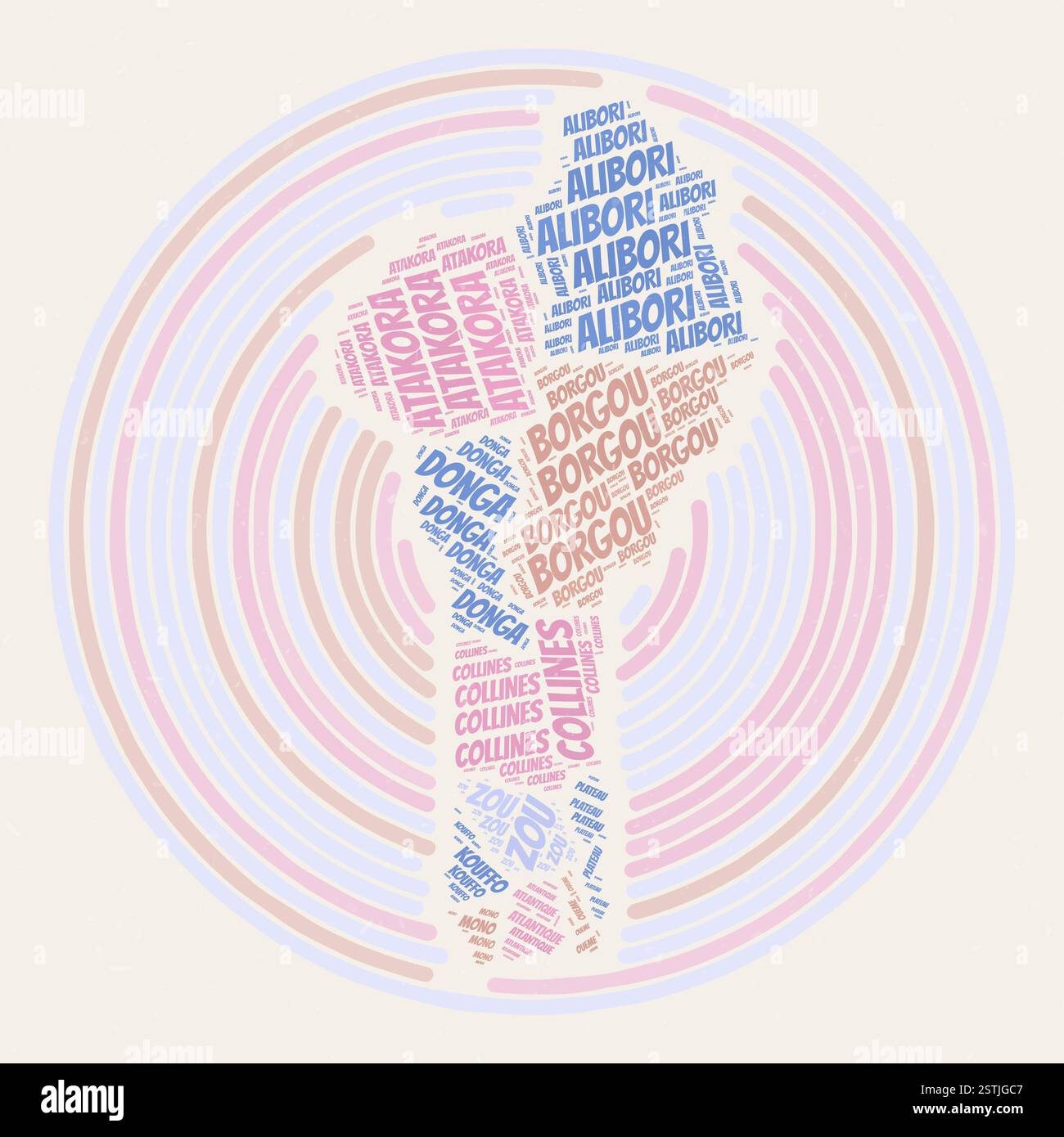 Poster „Benin Round“. Typographische Darstellung des Landes. Regionen Wortwolken von Benin. Vintage-Design mit Kratzstruktur. Stock Vektor