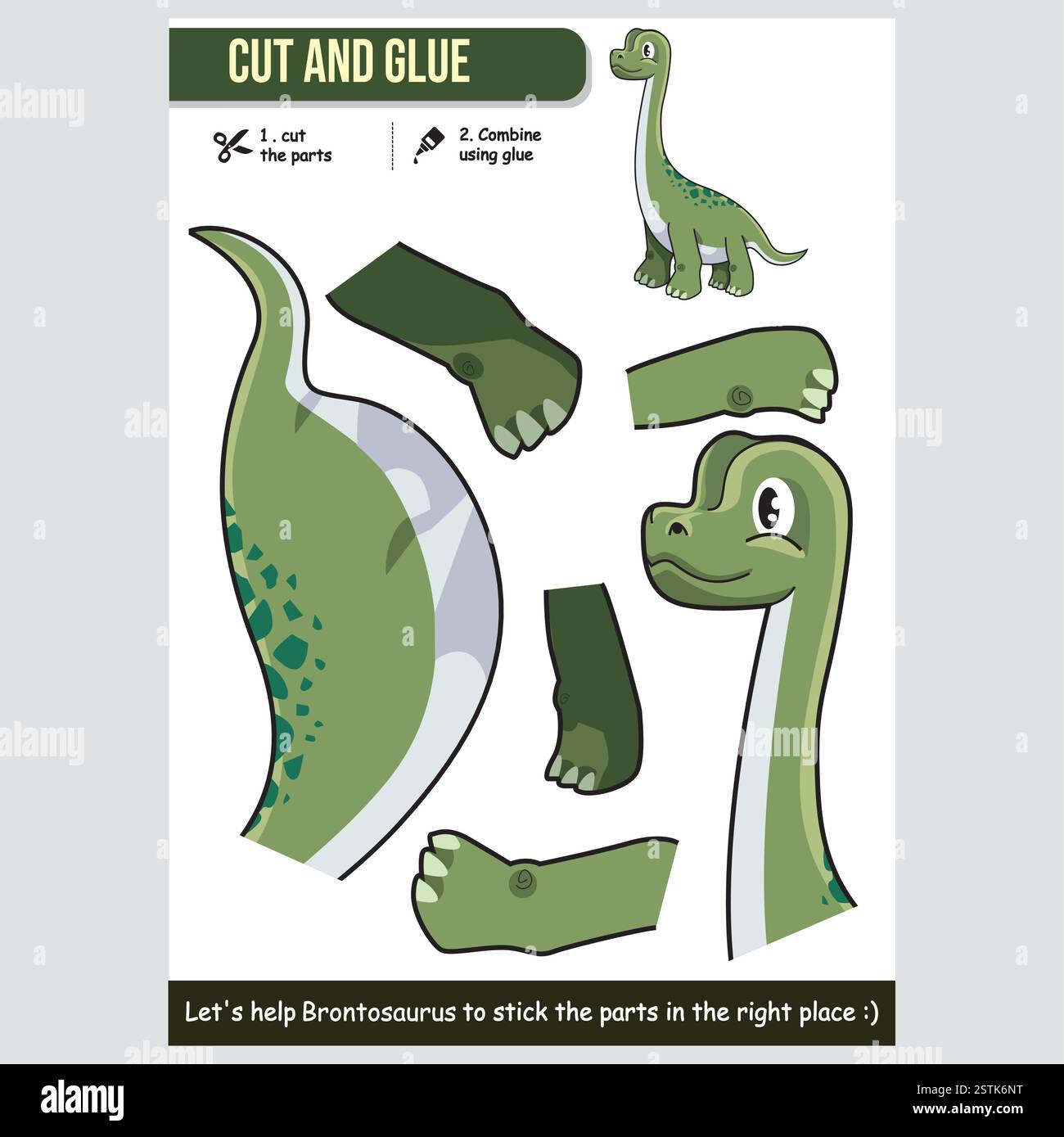 Niedliches Tricktier Brontosaurus Arbeitsblatt zum Schneiden und Kleben für Kinder. Unterhaltsame und lehrreiche Dinosaurier-Aktivität. Stock Vektor