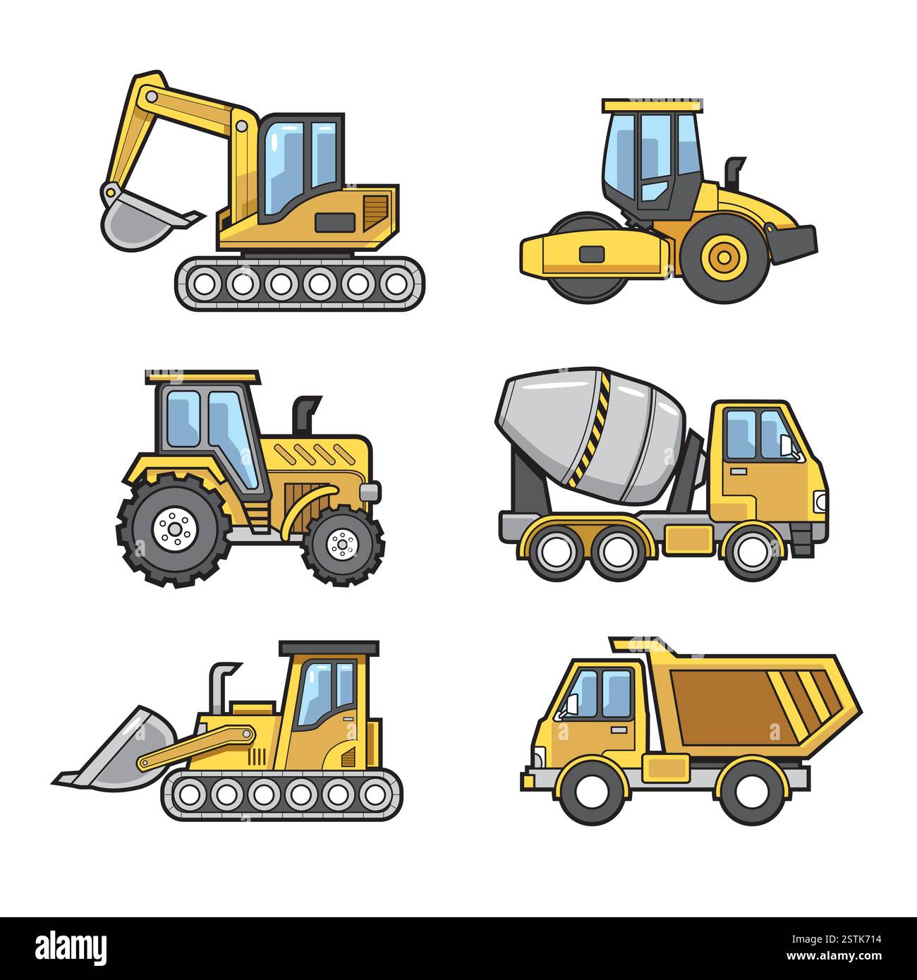 Bündelung von Illustrationen von Cartoon-Fahrzeugen. Traktor, Bagger, Zementwagen, Kipplaster, Tandemwalze, Rollschuh für Kinder. Stock Vektor