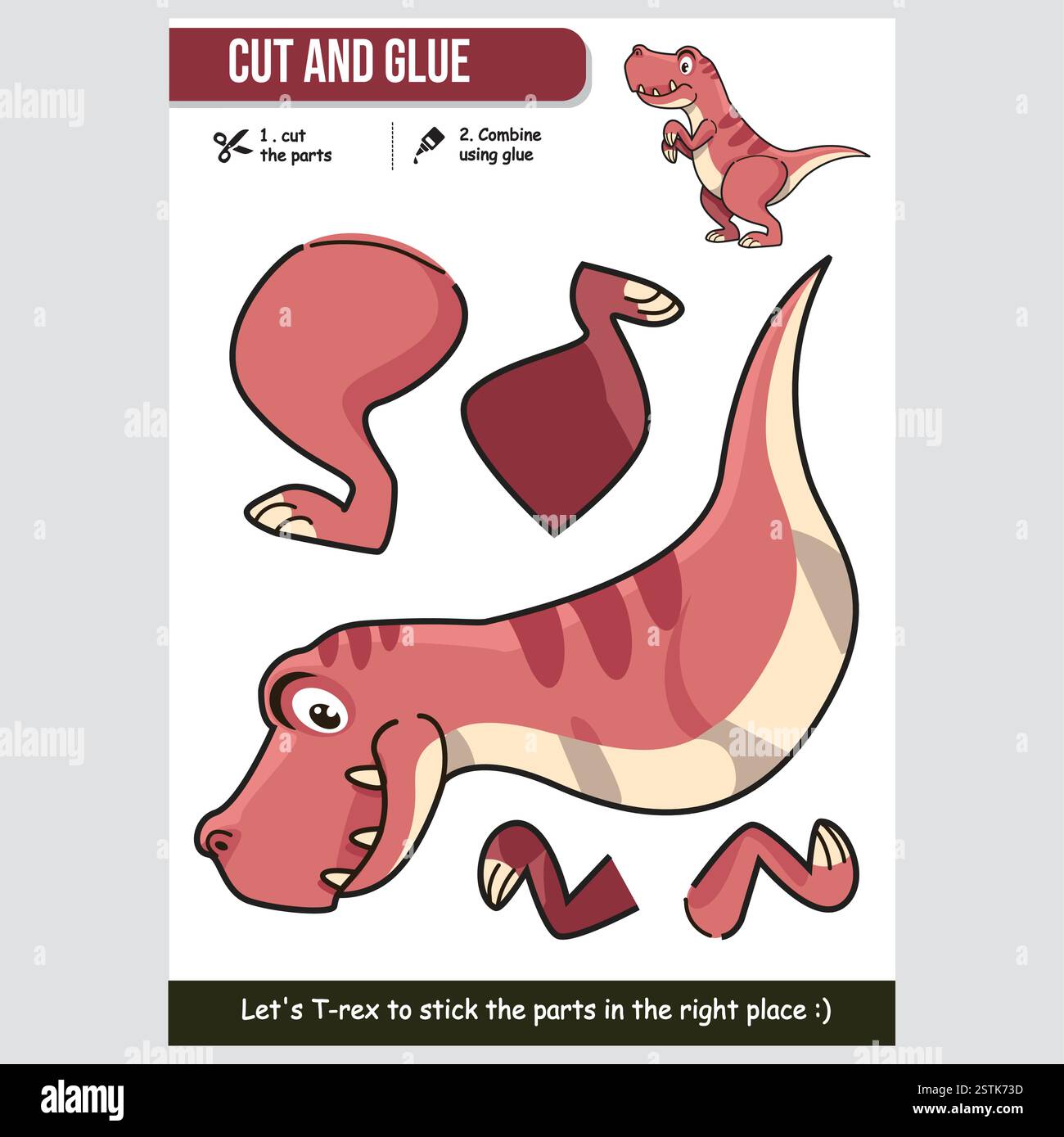 Niedliches T-rex-Arbeitsblatt mit Cartoon-Tier zum Schneiden und Kleben für Kinder. Unterhaltsame und fesselnde Dinosaurier-Lernaktivität. Stock Vektor