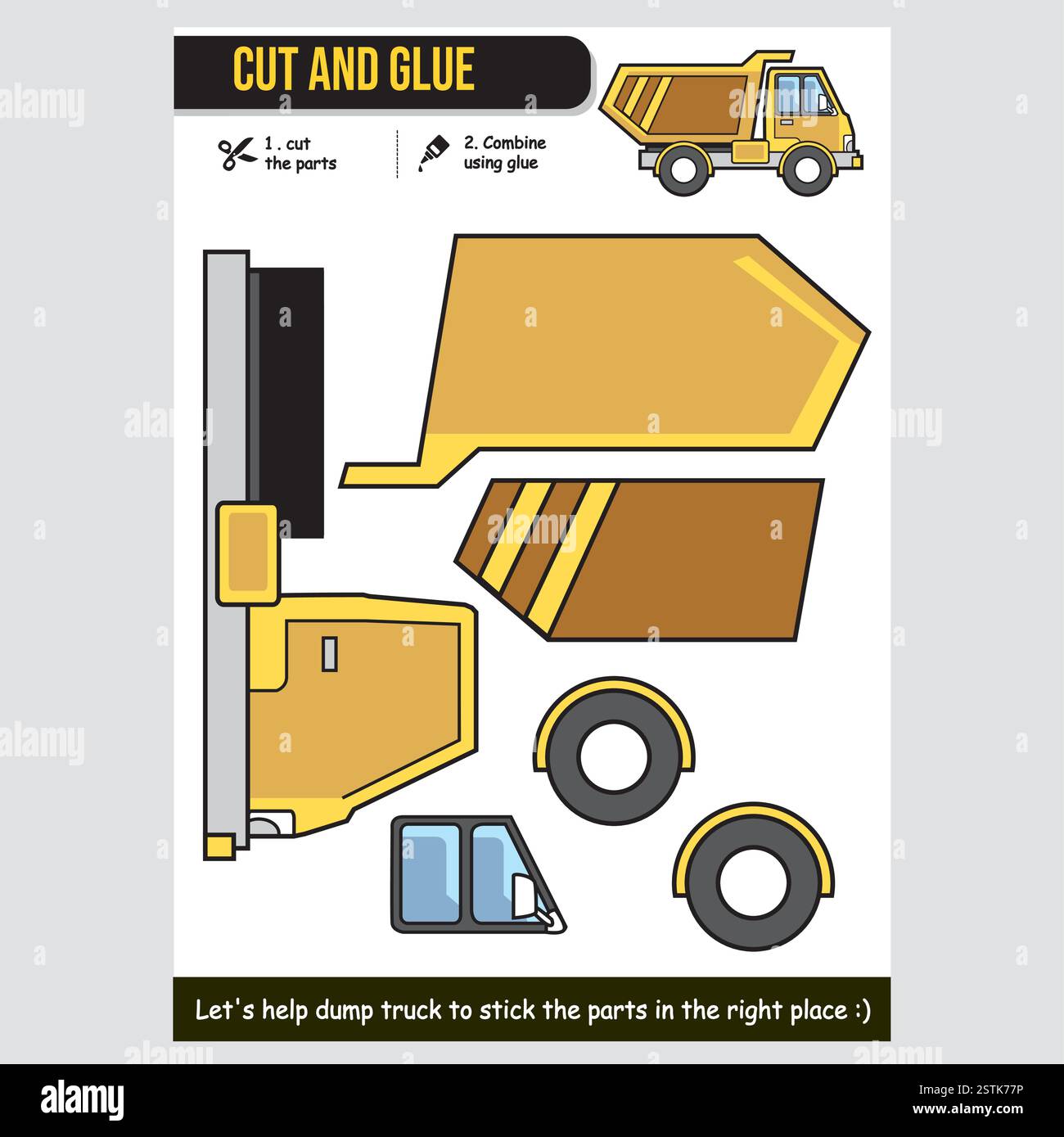 Cartoon-Illustration eines Arbeitsblatts für Kipper, das für Kinder geschnitten und geklebt wird. Unterhaltsame und interaktive Fahrzeugaktivität. Stock Vektor