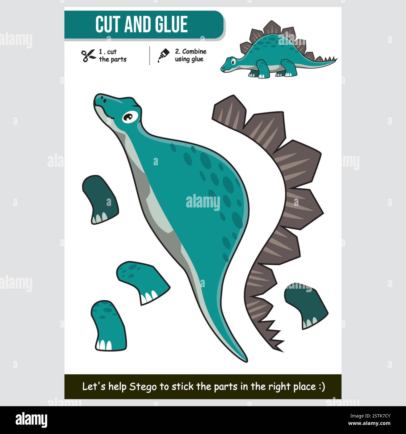 Niedliches Arbeitsblatt für Cartoon-Tier-Stegosaurus zum Schneiden und Kleben für Kinder. Unterhaltsame und lehrreiche Dinosaurier-Aktivität. Stock Vektor