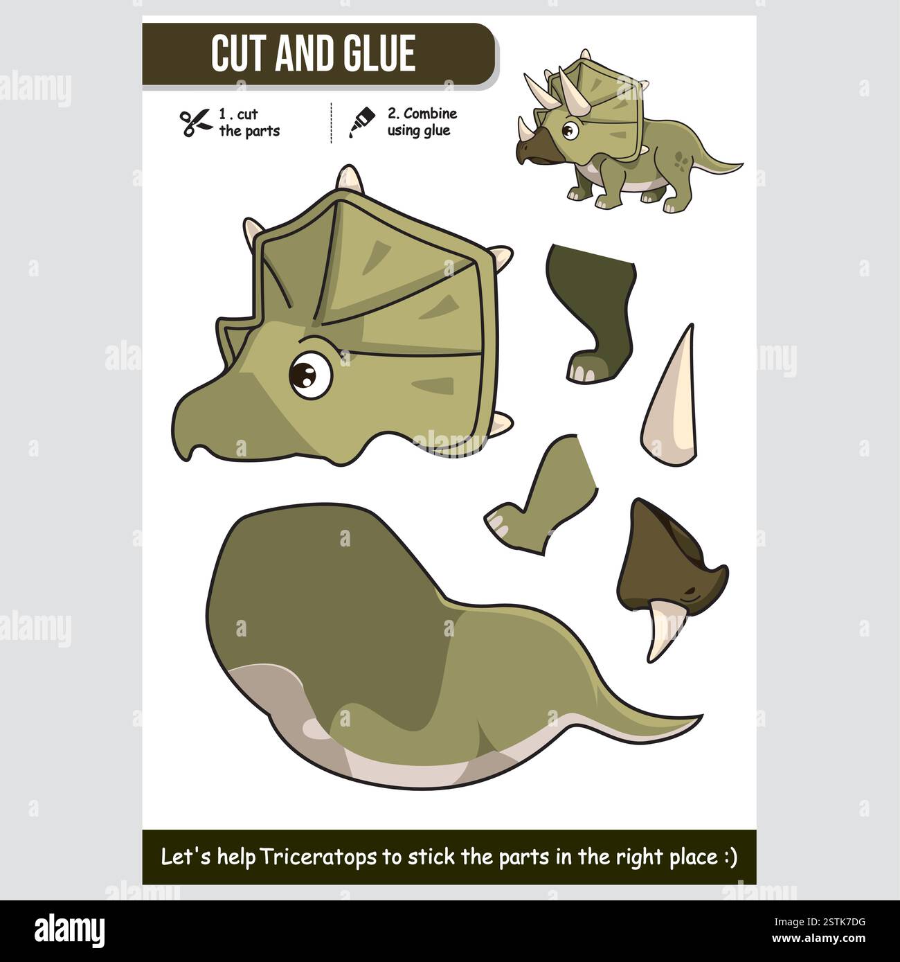 Triceratops schneiden und kleben Arbeitsblatt für Kinder. Unterhaltsame und kreative Dinosaurier-Aktivität. Stock Vektor