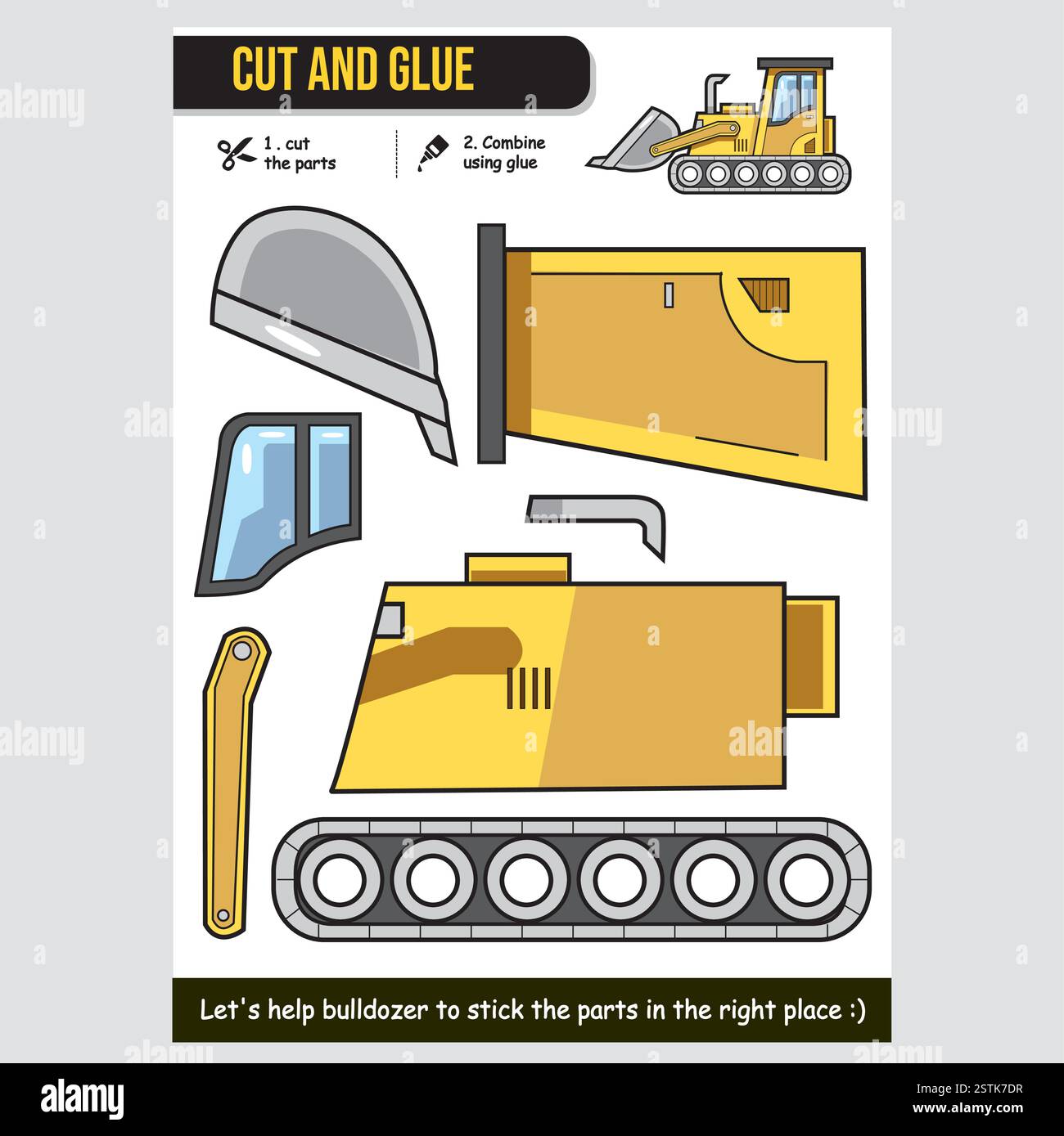 Cartoon-Illustration eines Bulldozer-Arbeitsblatts für Kinder. Unterhaltsame und lehrreiche Fahrzeugaktivität. Stock Vektor