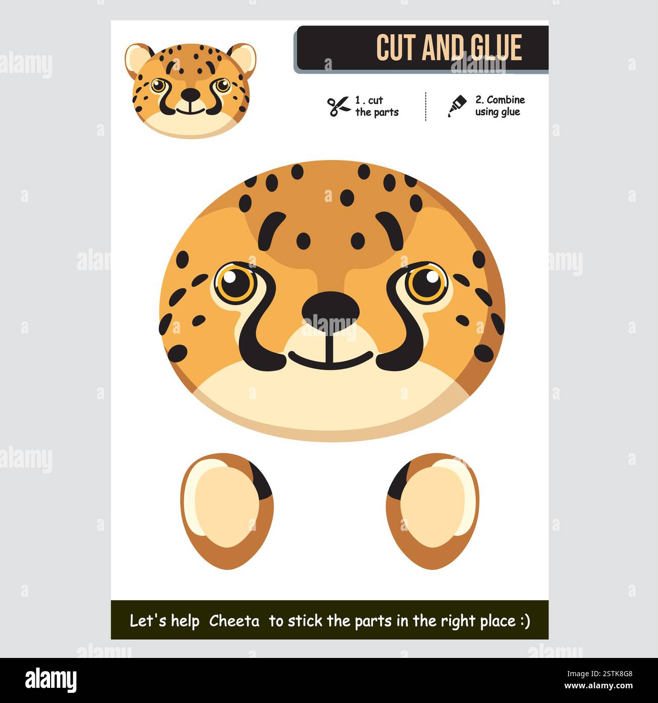 Cartoon Gepardenausschnitt und Kleben für Kinder. Unterhaltsames pädagogisches Handwerk. Stock Vektor