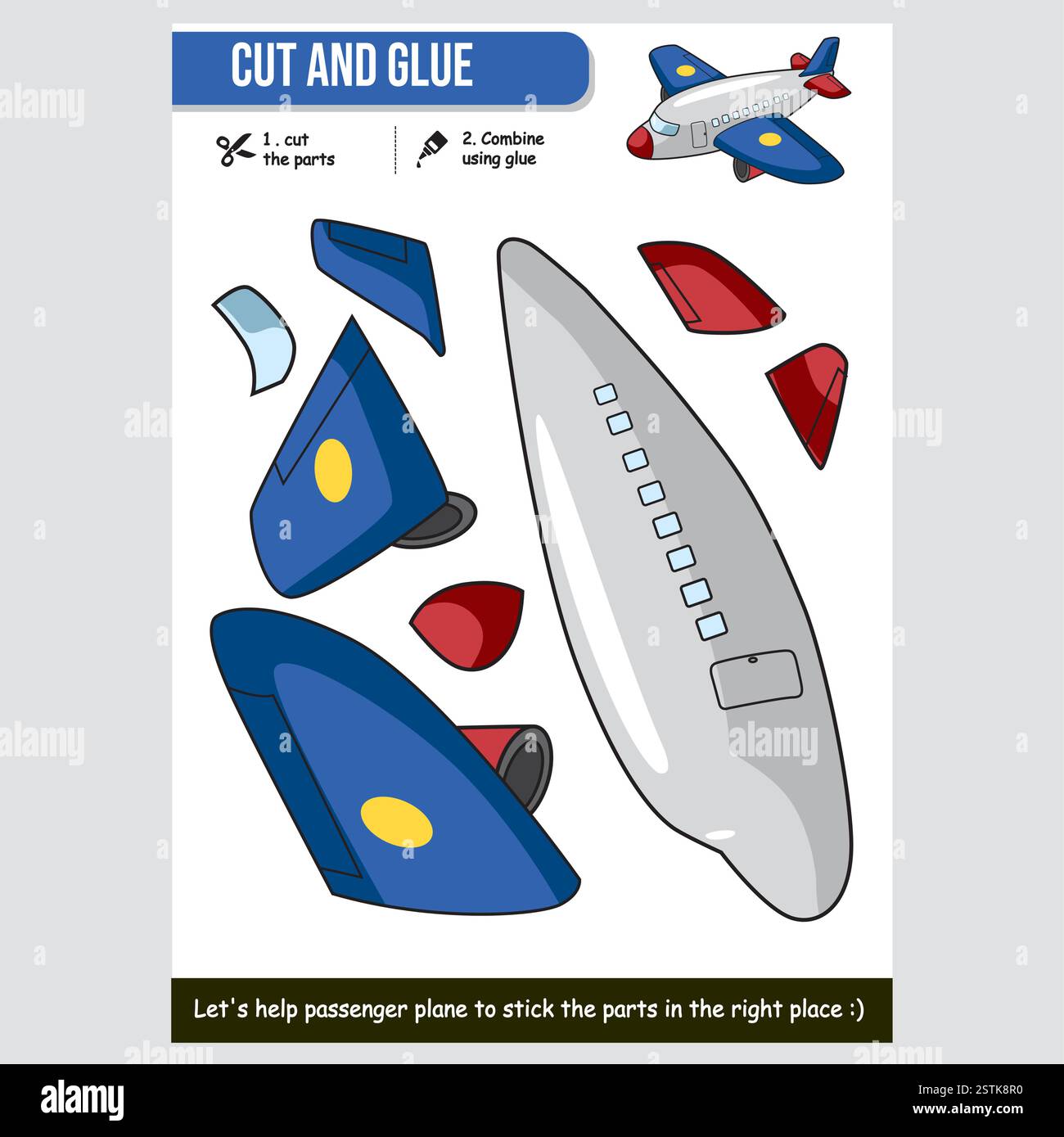Lernblatt zum Schneiden und Kleben von Cartoon-Flugzeugen für Kinder Stock Vektor