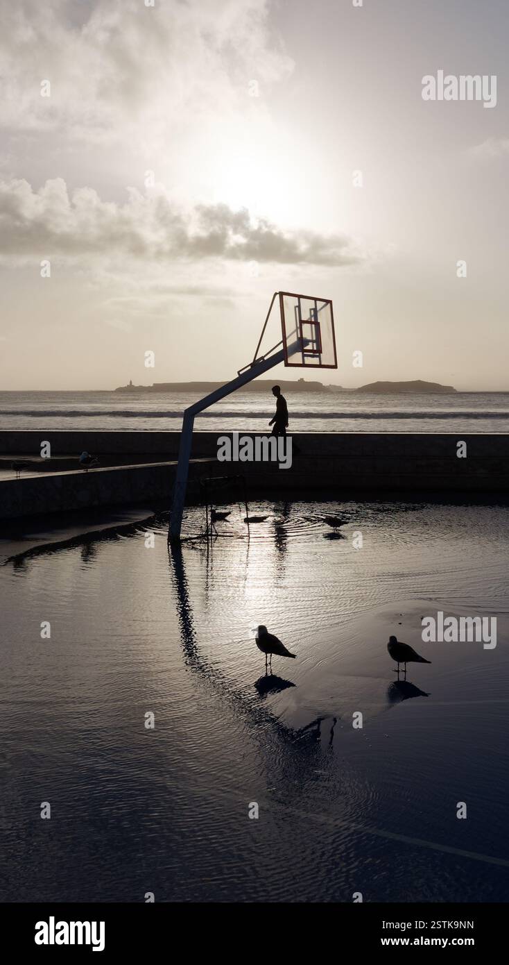 Vögel stehen nach Regen im Wasser neben einem Basketballnetz mit einer Person in Silhouette und der Insel dahinter in Essaouira, Marokko. Februar 2025 Stockfoto