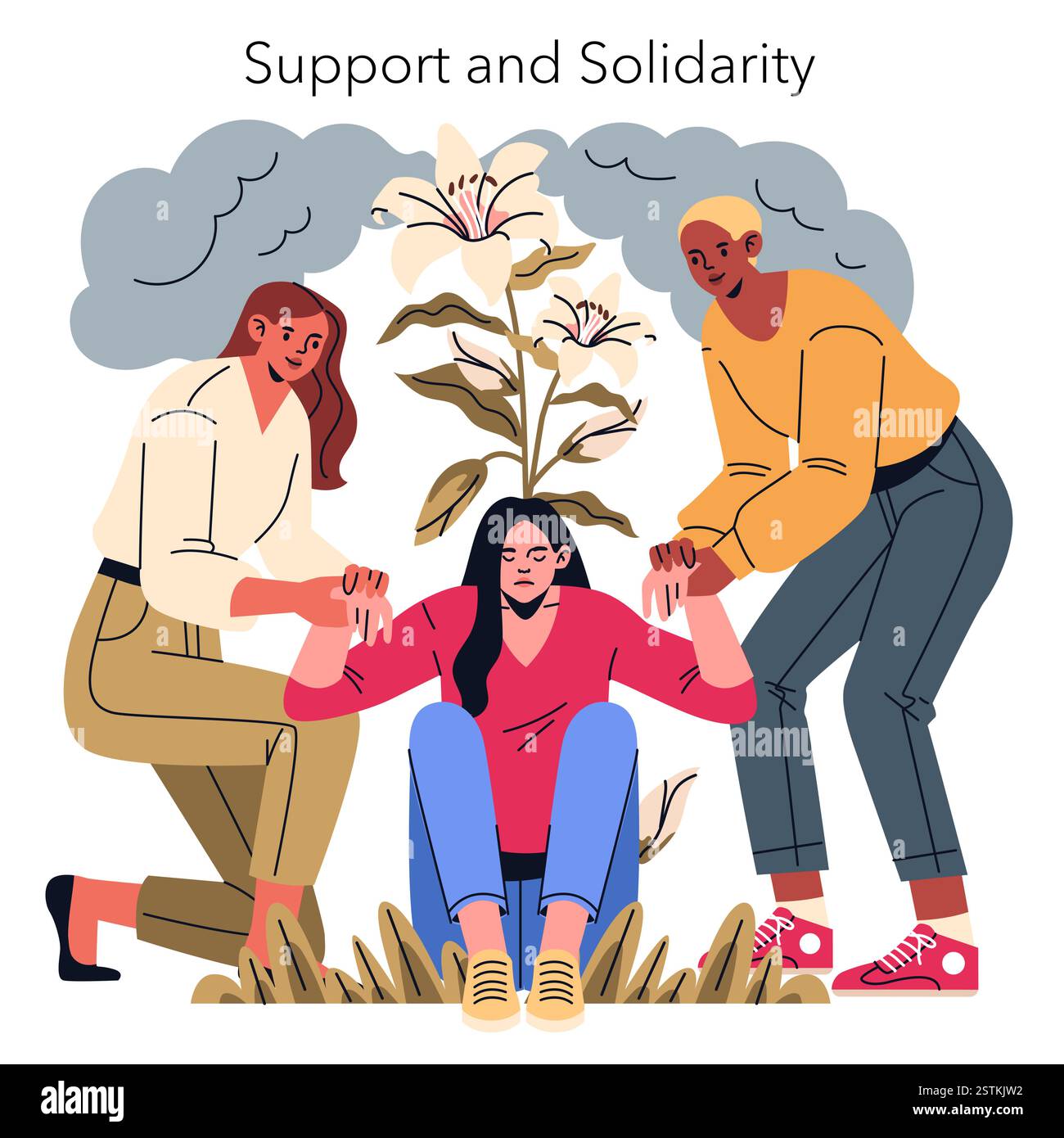 Unterstützung und Solidarität unter den Frauen, die in dieser Abbildung dargestellt werden. Zwei Frauen helfen, eine andere zu erheben, die sitzt, und symbolisieren damit Ermächtigung und Einheit. Die Blume fügt ein Thema des Wachstums und der Hoffnung hinzu. Dieses Kunstwerk feiert den Geist der Zusammenarbeit und Widerstandsfähigkeit, der für den Internationalen Frauentag unerlässlich ist. Stock Vektor