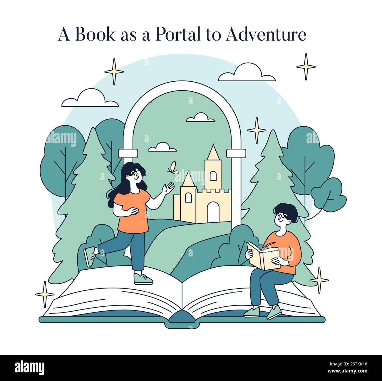 Illustration zum Weltbuchtag. Wir feiern die Freude am Lesen als Reise in magische Abenteuer. Mit Charakteren, die in Geschichten und Natur eingetaucht sind und die Kraft von Büchern demonstrieren. Vektorabbildung. Stock Vektor