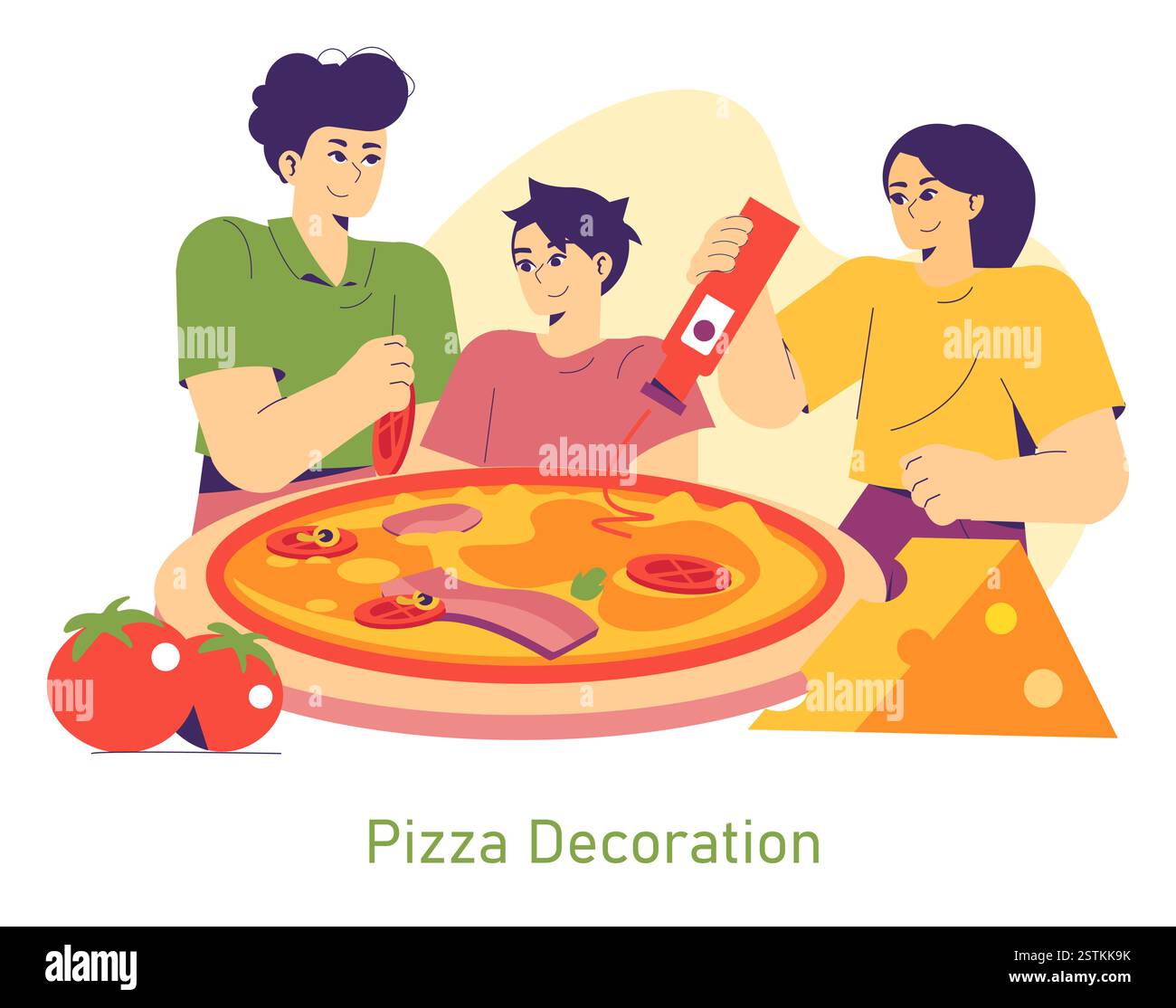 Der Nationalfeiertag der Pizza feiert die Freude, Pizza mit Freunden und Familie zuzubereiten und zu genießen. In dieser Illustration kreieren die Menschen gemeinsam ihre perfekte Pizza und zeigen eine Vielzahl von Belägen und den Spaß beim gemeinsamen Kochen. Dieser kreative Prozess lädt alle ein, die Freude an der Pizzazubereitung zu teilen, und erinnert uns an das gemeinschaftliche Erlebnis, das das Essen bringt. Vektorabbildung. Stock Vektor