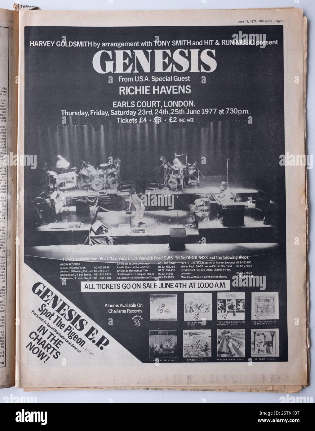Ganzseitenwerbung in einer Vintage 1970er-Ausgabe des SOUNDS Music Paper für die Band GENESIS Concert Dates im Earls Court London Stockfoto