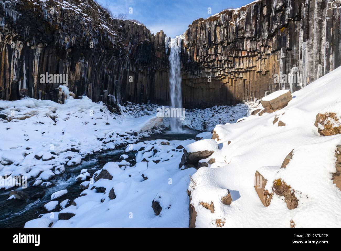 Wasserfall Svartifoss im Winter. Skaftafell-Nationalpark, Hornafjörður, Austurland, Island, Nordeuropa. Stockfoto