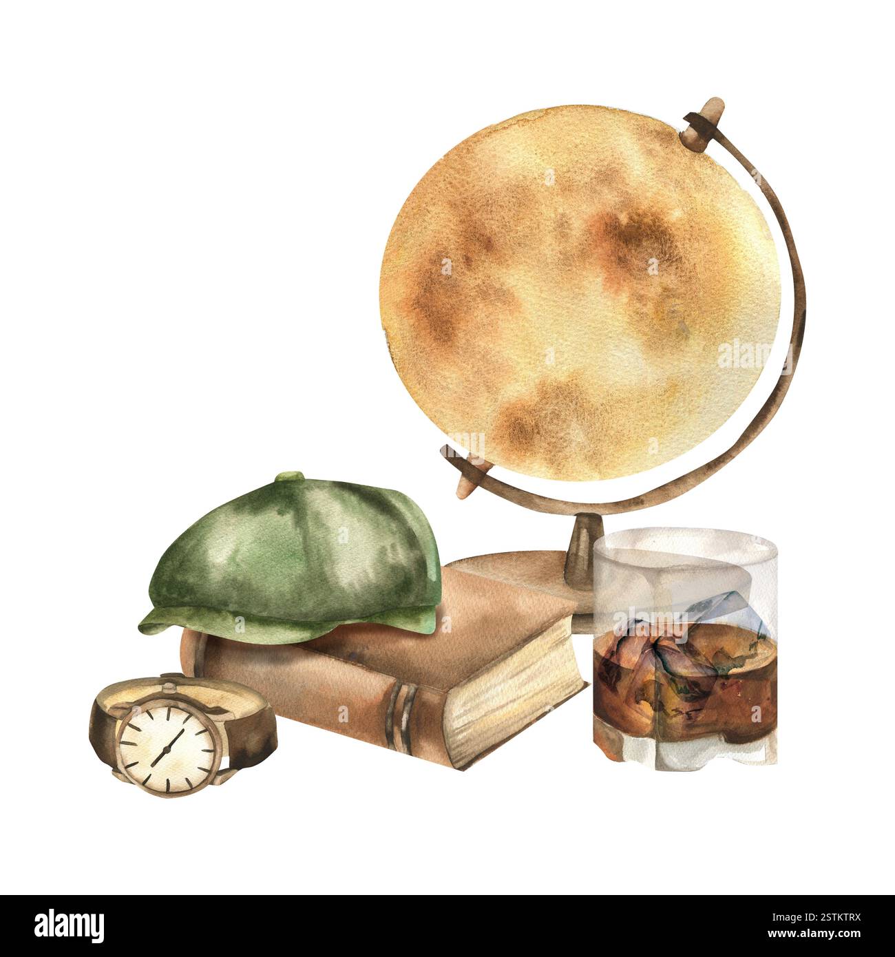 Männliche Accessoires und Innenobjektkomposition mit Vintage-Globus, Buch, Uhr und Tasse Whiskey Illustration. Hand gezeichnet brutal isolierte Clipart für Stockfoto