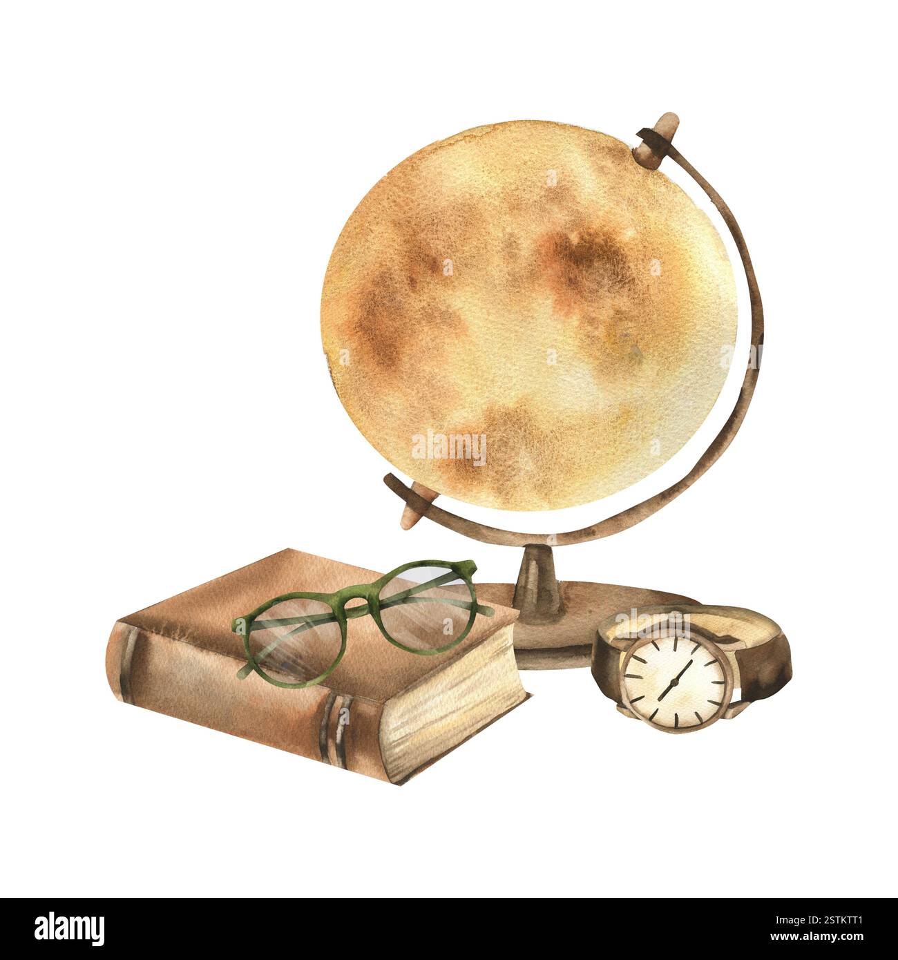 Vintage braune Kugel, Buch, grüne Brille und Lederarmband Aquarellkomposition. Handgezeichnete Herren, Hipster Clipart, männliche Accessoires für mich Stockfoto
