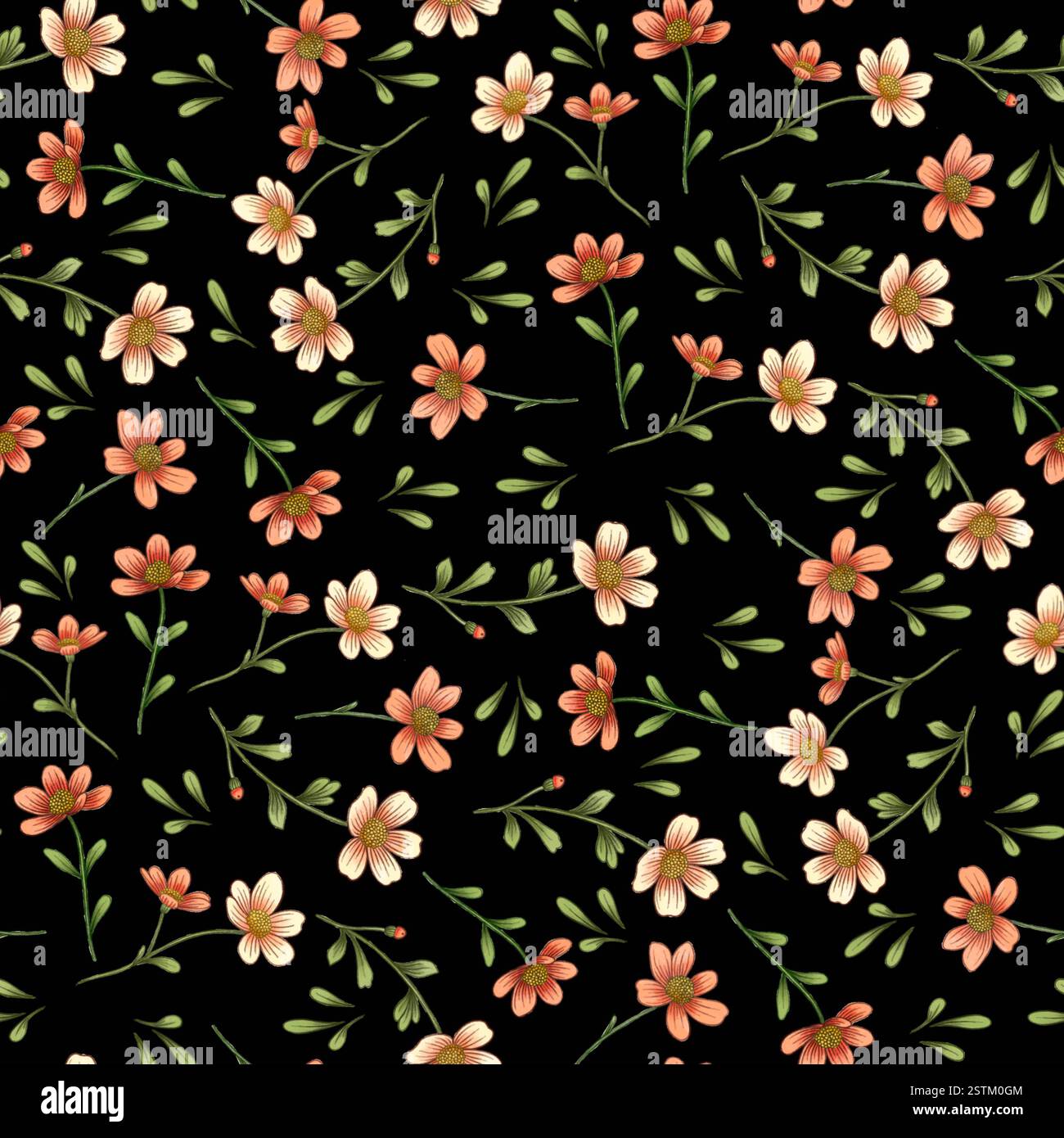 Kleine Aquarellblumen nahtloses Muster, handgezeichnete Blumen ganz über Druck-Design auf schwarzem Hintergrund. Stockfoto