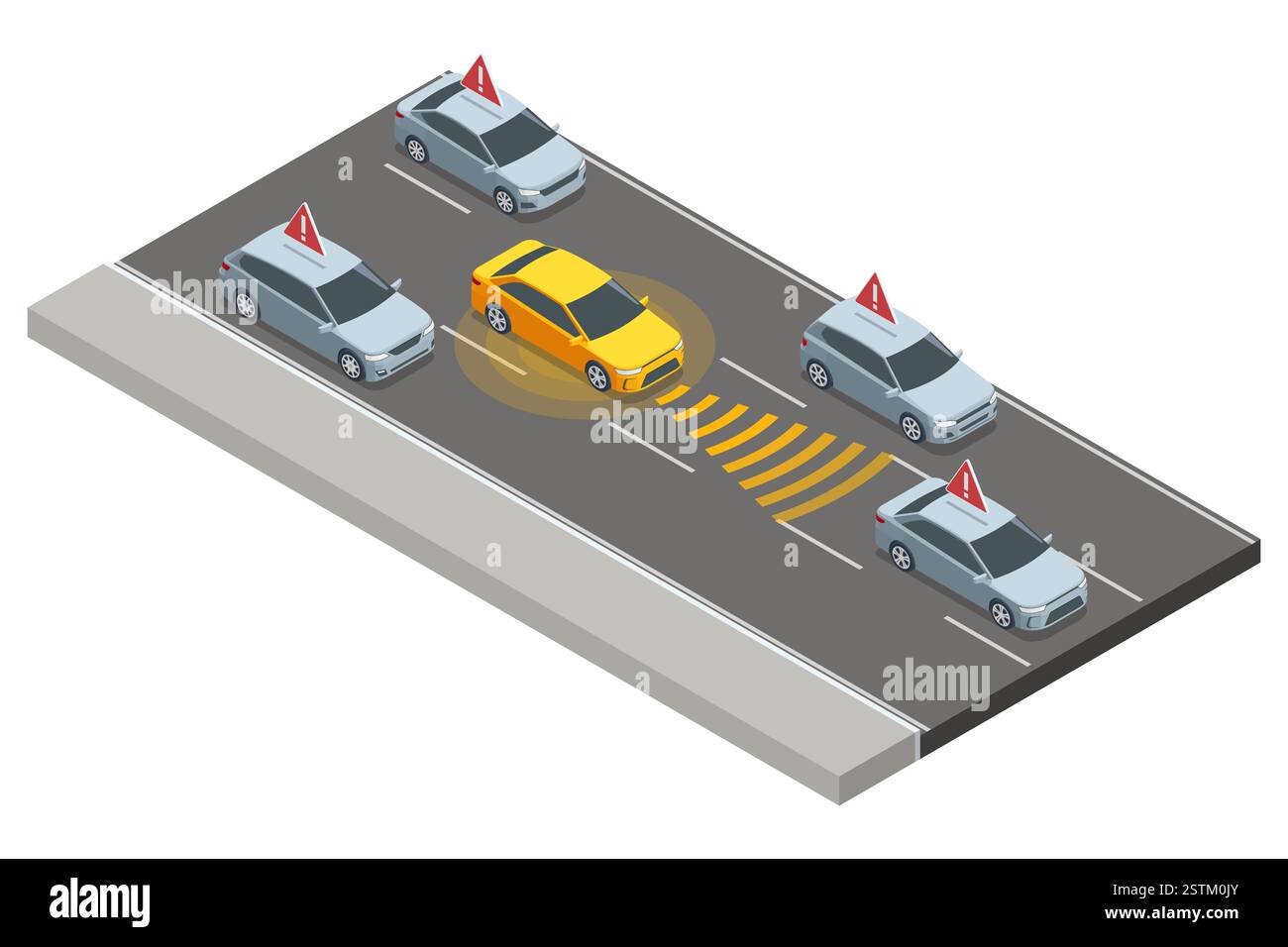 Isometrische Darstellung der Interaktion autonomer selbstfahrender Fahrzeuge. KI-betriebene Roboterfahrzeuge navigieren durch eine geschäftige Stadtstraße und nutzen Sensoren zum Scannen Stock Vektor
