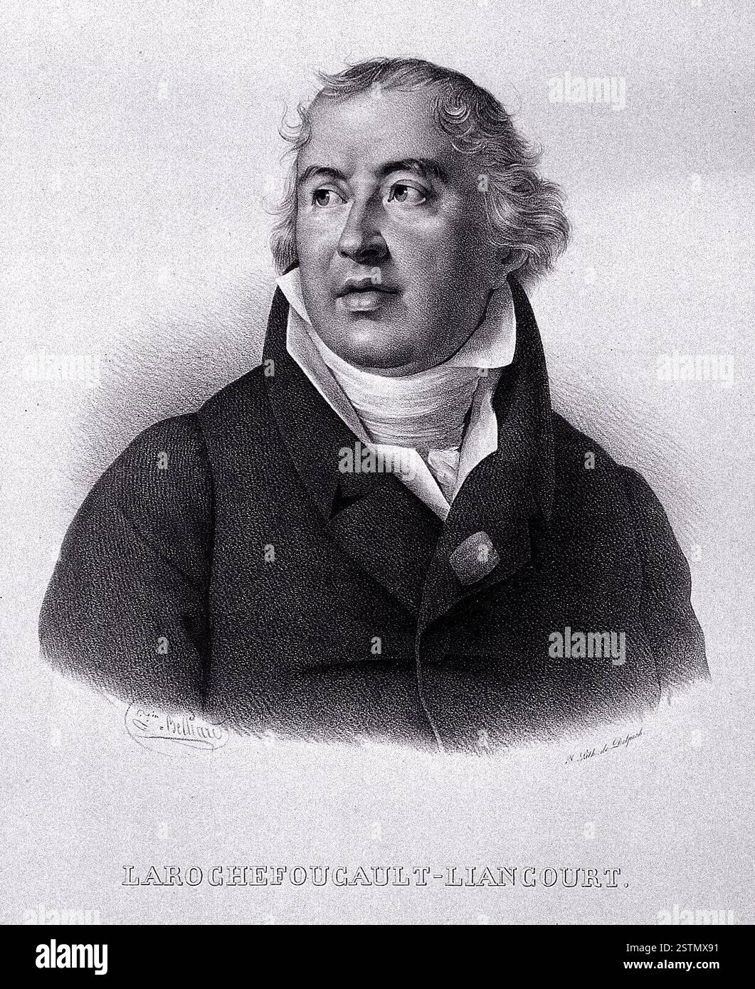 Francois Alexandre Frédéric de La Rochefoucauld, 7. Herzog von La Rochefoucauld, 2. Herzog von Estissac und Herzog von Liancourt (11. Januar 1747 bis 27. März 1827) war ein französischer Politiker, Offizier, Wissenschaftler, Philanthropist und Adliger. Mit Leidenschaft für den technischen Fortschritt gründete er 1769 die Modellfarm von Liancourt, 1780 die nationale Kunstgewerbeschule und 1818 den Sparfonds von Paris (die erste Sparkasse Frankreichs). Er war auch Mitglied der Akademie der Wissenschaften. Stockfoto