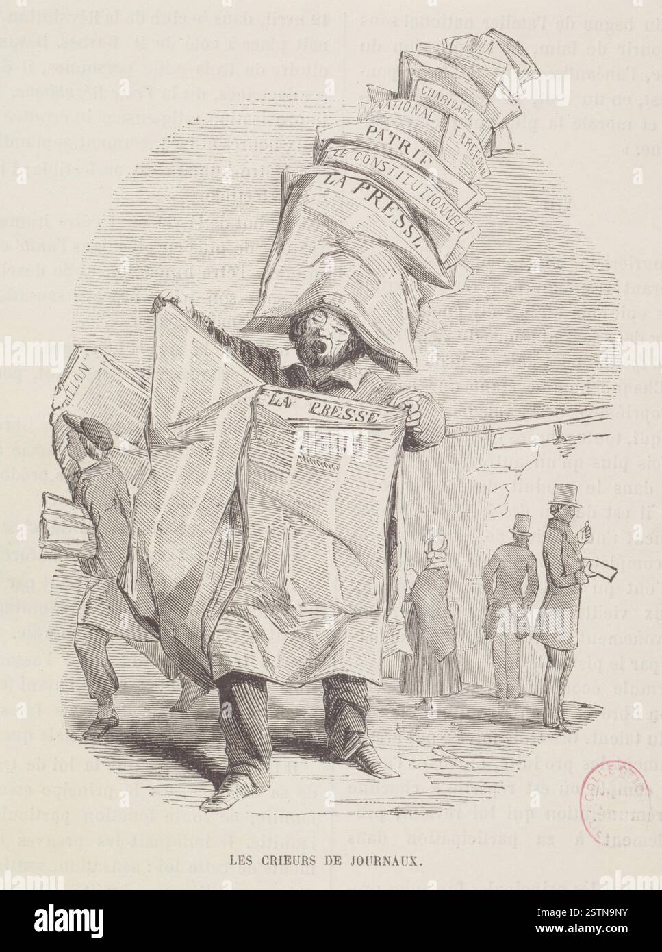 Die Szene von Georges-Henri Manesse aus der Serie „Evènements Divers et Caricatures“ aus dem Jahr 1849 zeigt einen Straßenverkäufer mit einem Stapel Zeitungen auf dem Kopf, der das urbane Leben und die Satire veranschaulicht. Stockfoto