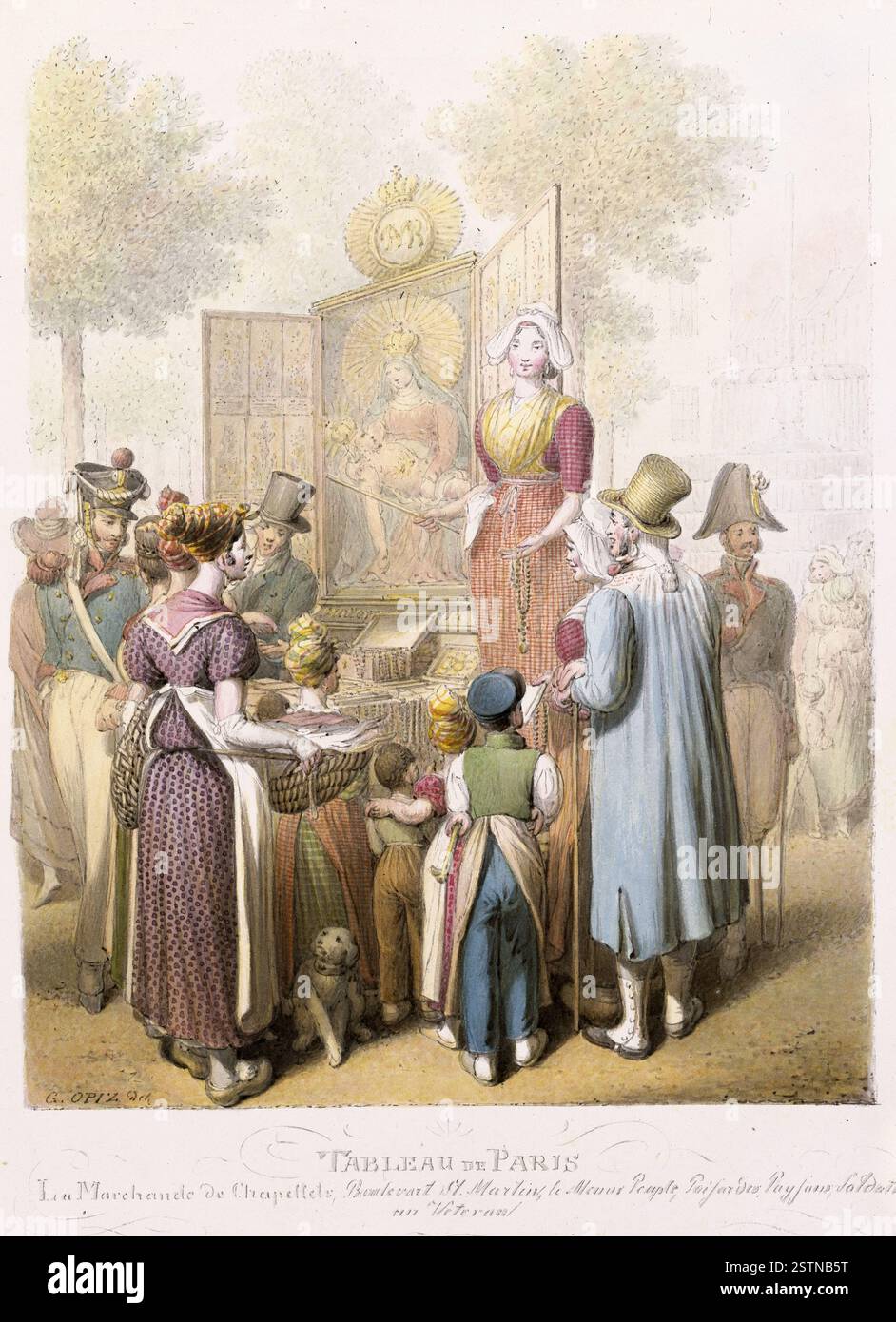 Droz, Jean-Pierre (La Chaux-de-Fonds, 17–04–1746 – Paris, 02–03–1823), graveur en médailles – Médailleur Entre 1814 et 1831 Scène de Genre. Scène d'extérieur Paris, Boulevard St Martin, fontaine, Architektur. Personnages un groupe composé d'hommes, don t un soldat, de femmes, don t une marchande de Poissons, et d'enfants, s'EST réuni devant l'étal d'une marchande de de Chapelets. Hissée sur un piédestal, la marchande tient un Chapelet et ouvre les volets d'un triptyque comportant une Pietà au Centre. Une femme achète un Chapelet à l'homme au Chapeau haut de forme. Une Multitude de Chapelets EST d Stockfoto