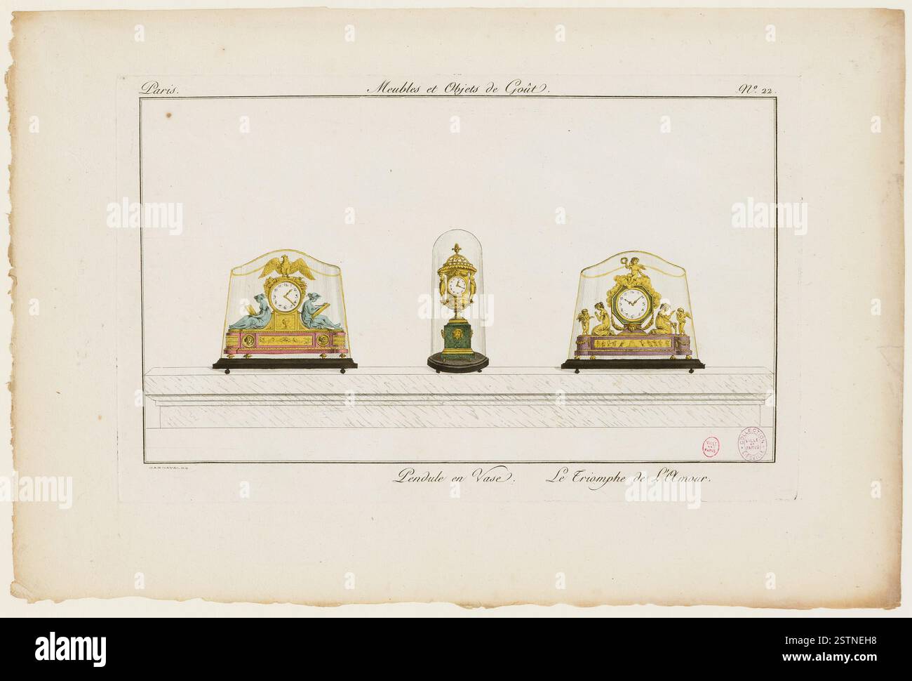 Stich aus dem Katalog von 1802 mit französischen Möbeln und dekorativen Gegenständen aus dem 19. Jahrhundert, der die ästhetische Schönheit und Raffinesse des Stils dieser Zeit veranschaulicht. Stockfoto