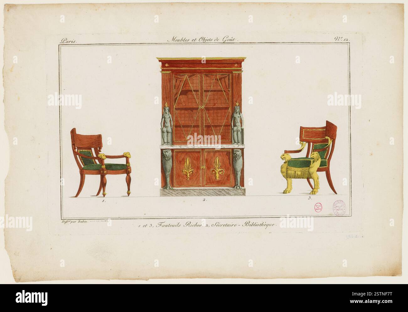 Stich aus dem frühen 19. Jahrhundert aus der Sammlung edler Möbel und dekorativer Objekte aus dem Jahr 1802, der die Opulenz des französischen Hausstils und der Handwerkskunst einfängt. Stockfoto
