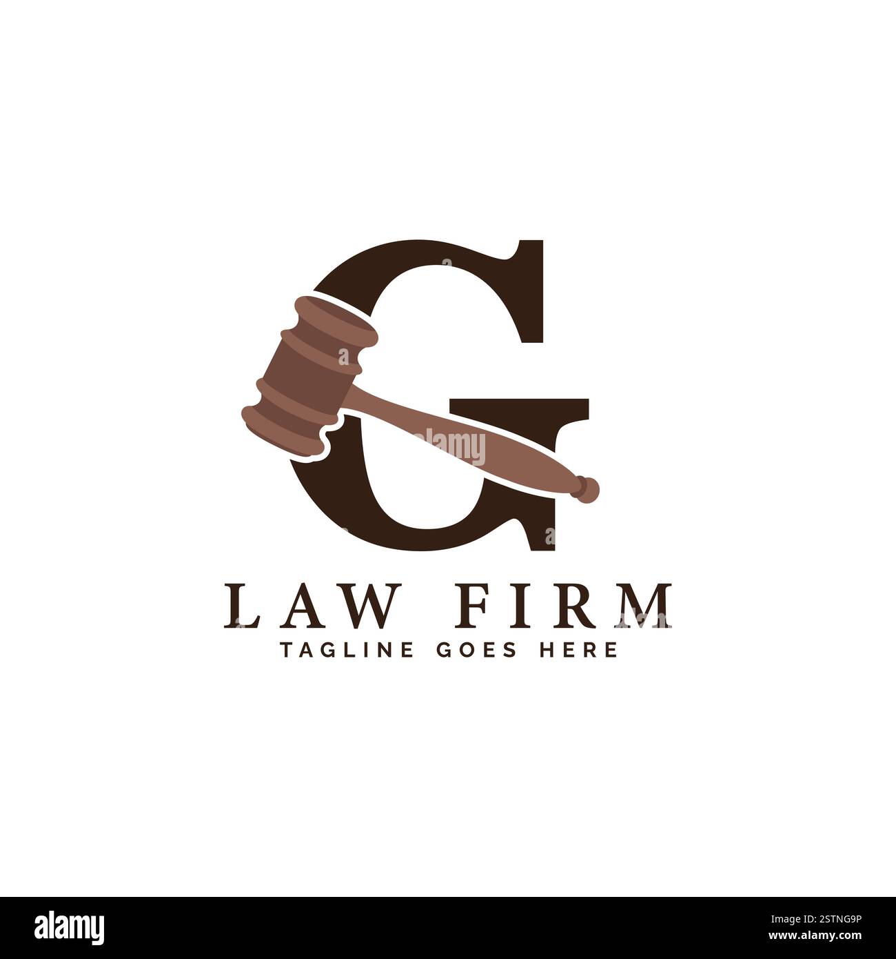 Letter G Anwaltskanzlei Logo Konzept mit Richter Hammer. Buchstabe G Richter Gavel Stock Vektor