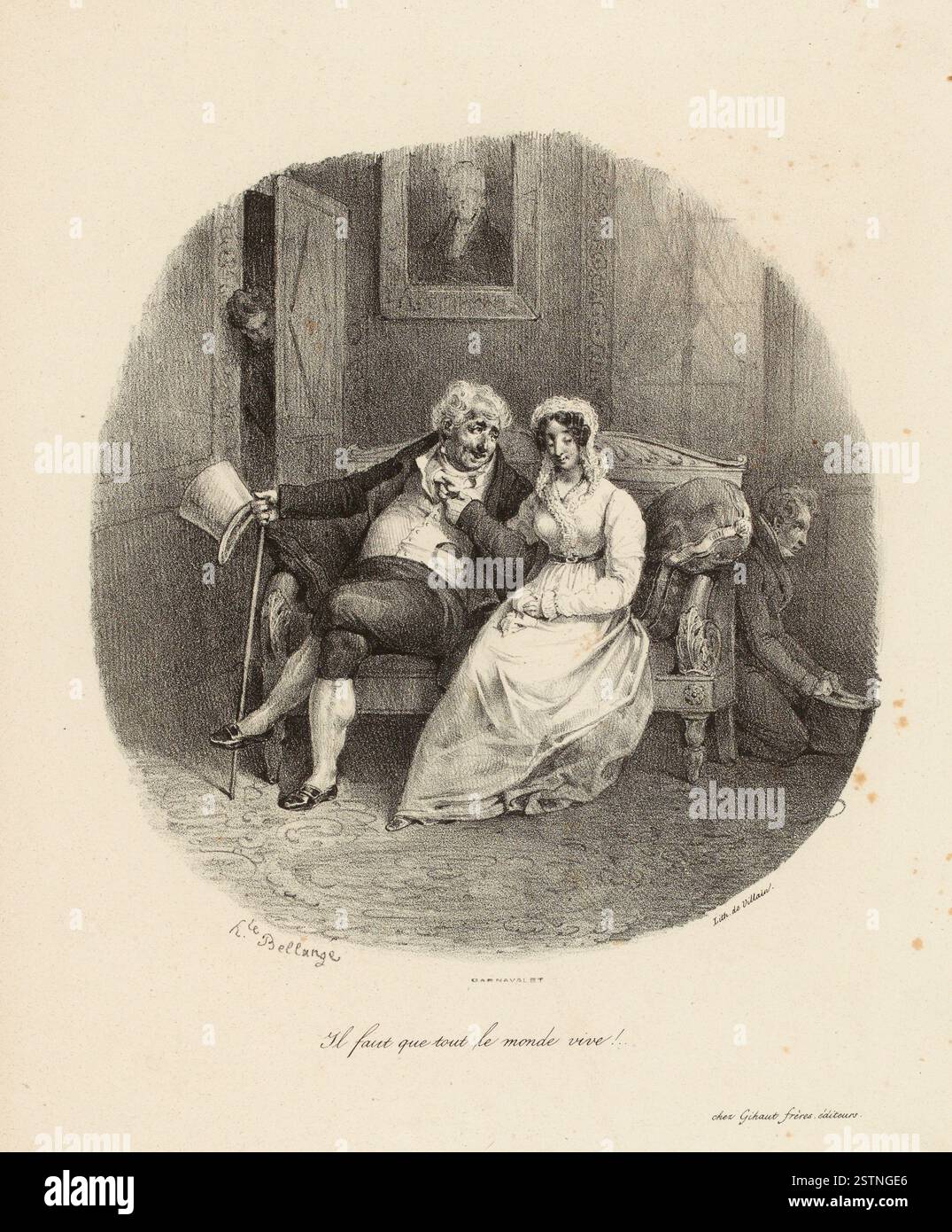Eine Lithografie aus dem Jahr 1825, die eine galante Innenszene mit jungen und alten Männern darstellt, die eine Frau umwerben, und Konversation und Gesten der Höflichkeit in einem Salon zeigt. Stockfoto
