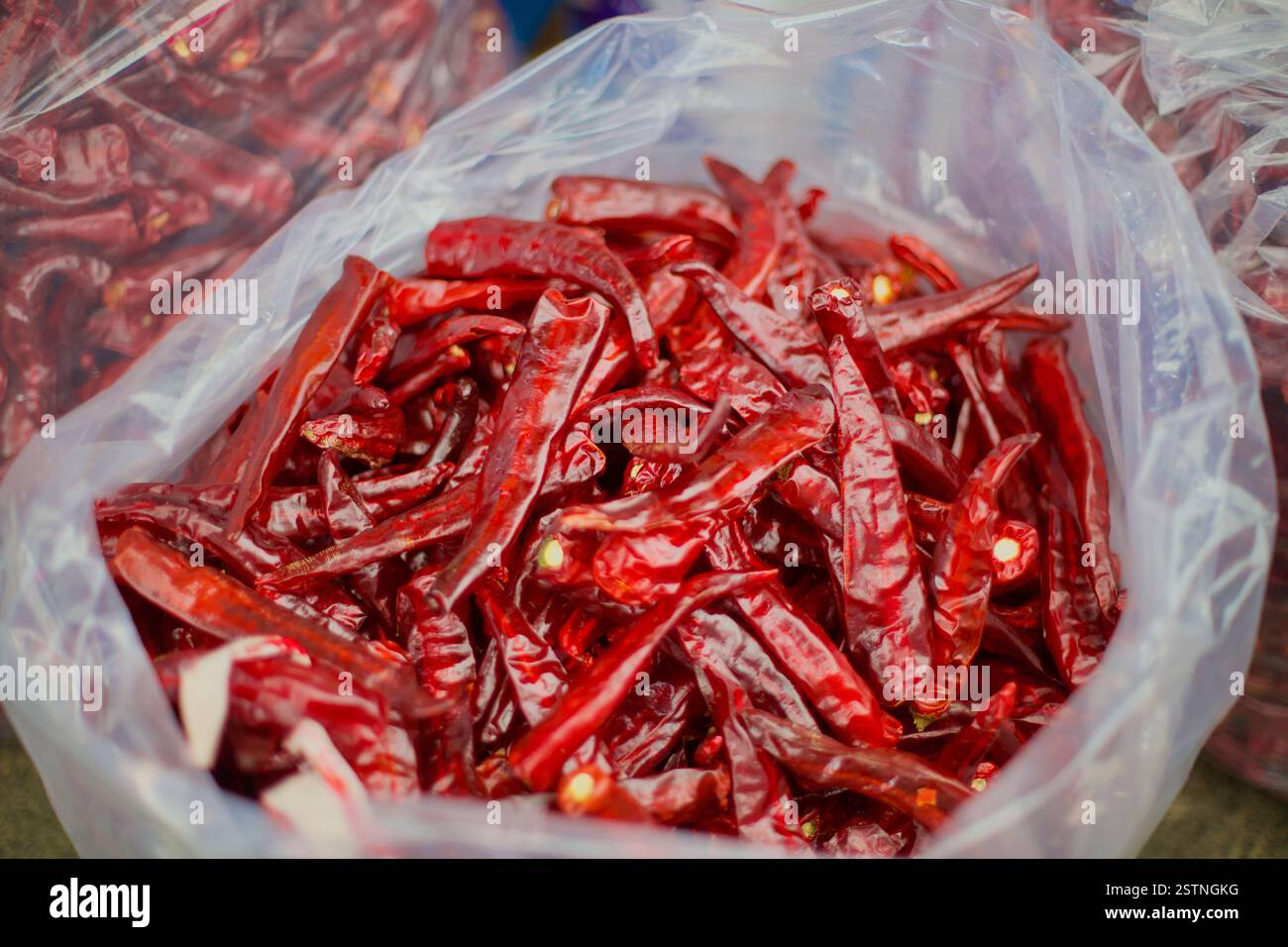 Goesan County, Südkorea - 10. September 2020: Ein Beutel gefüllt mit frisch getrockneten Goesan Chili Paprika, eine regionale Spezialität, die für ihre tiefrote Farbe bekannt ist Stockfoto