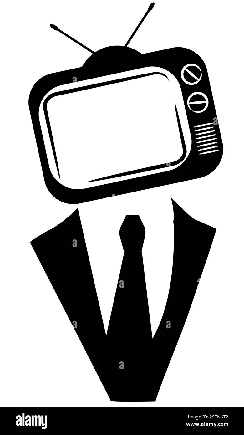 Geschäftsmann mit tv für den Kopf, Darstellung von tv-Propaganda, TV-politisches Propagandakonzept. Stock Vektor