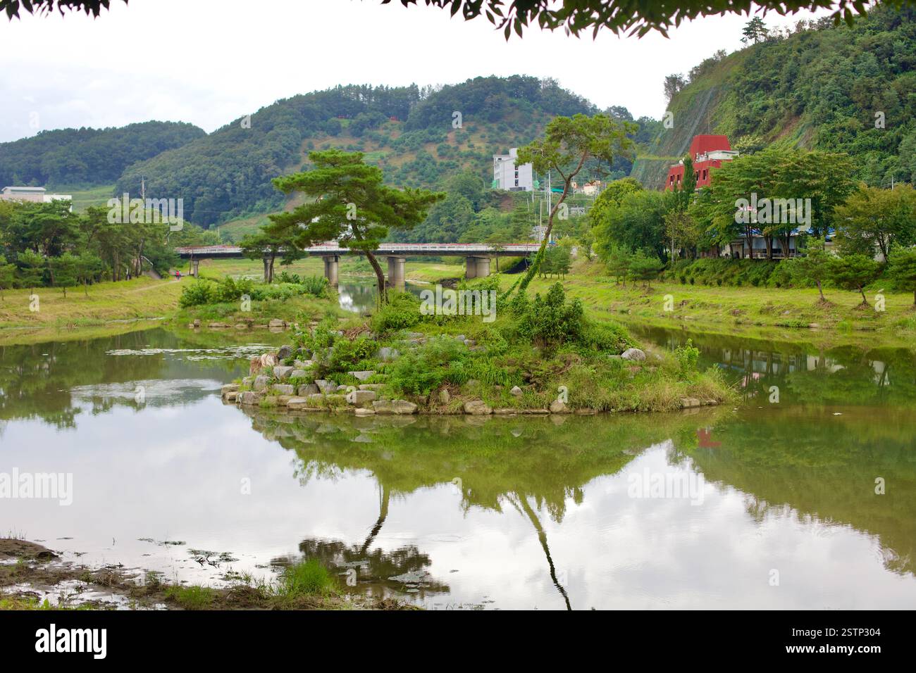 Goesan County, Südkorea - 10. September 2020: Eine kleine, mit Bäumen bedeckte Insel liegt im ruhigen Wasser des Seonghwang Stream nahe dem Rand von Goesan T Stockfoto