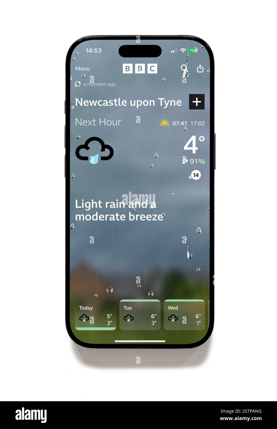 BBC Weather App auf einem iPhone 16 Plus Stockfoto