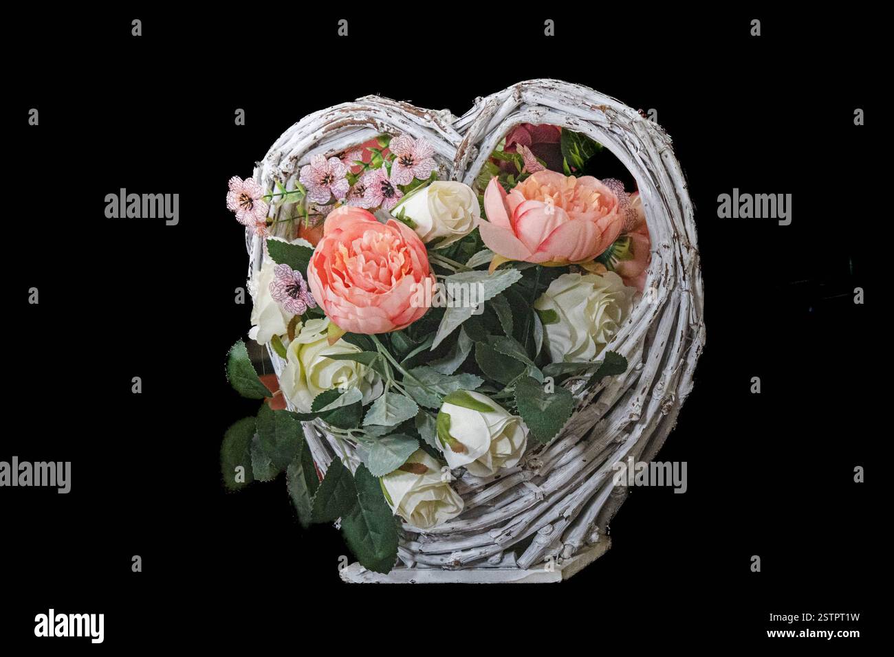 Creme-Korb mit zeitlosen Blumen, Rosen aus Krepppapier, weiß und rosa, mit grünen Blättern, auf schwarzem Hintergrund Stockfoto