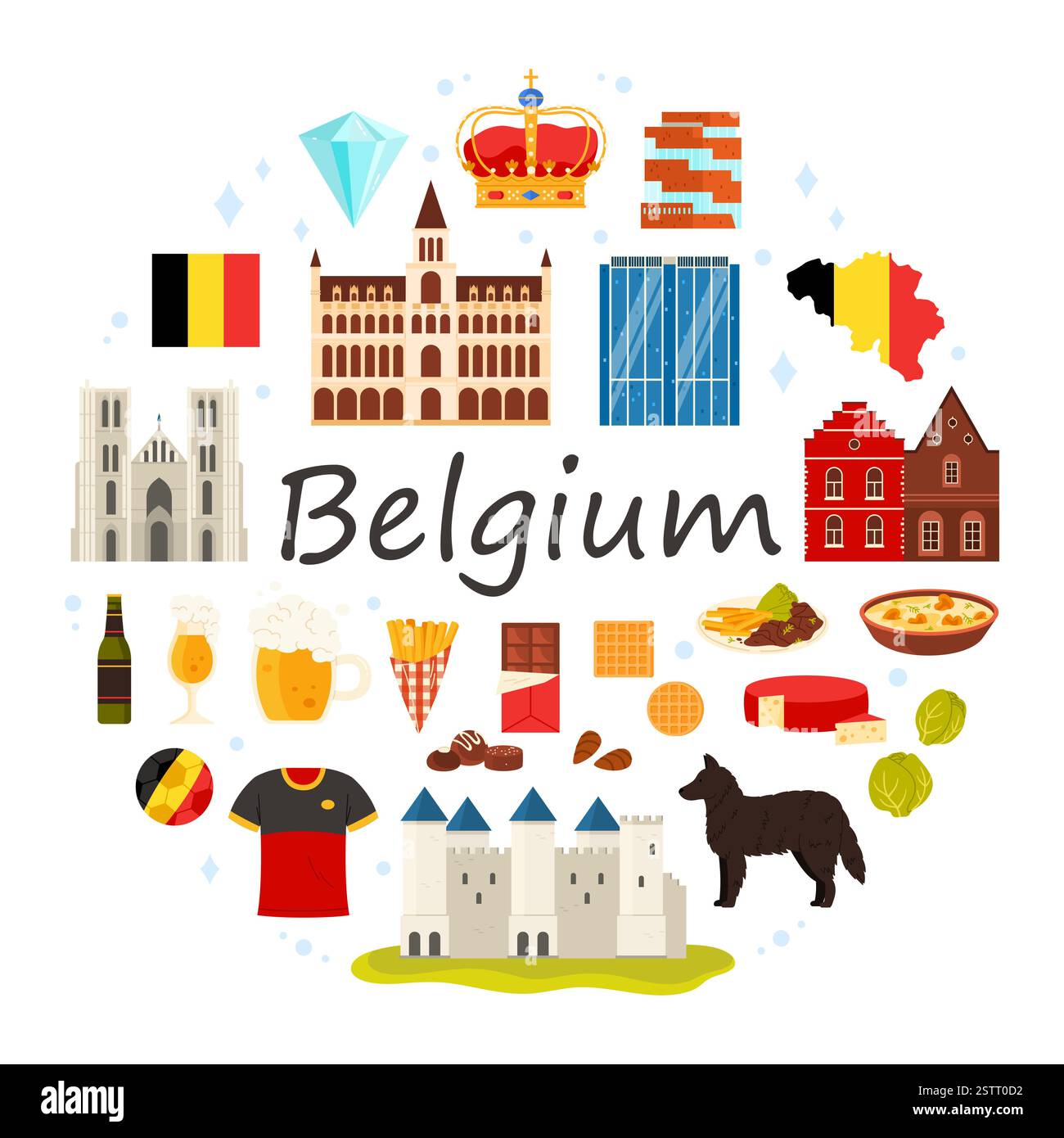 Reisen Sie nach Belgien, kulturelle Elemente und Sehenswürdigkeiten in einem runden Infografik-Banner. Belgisches Essen und Bier, Gravensteen und Menin Gate, großer Marktplatz und Atomium in kreisförmiger Karikaturvektorillustration Stock Vektor
