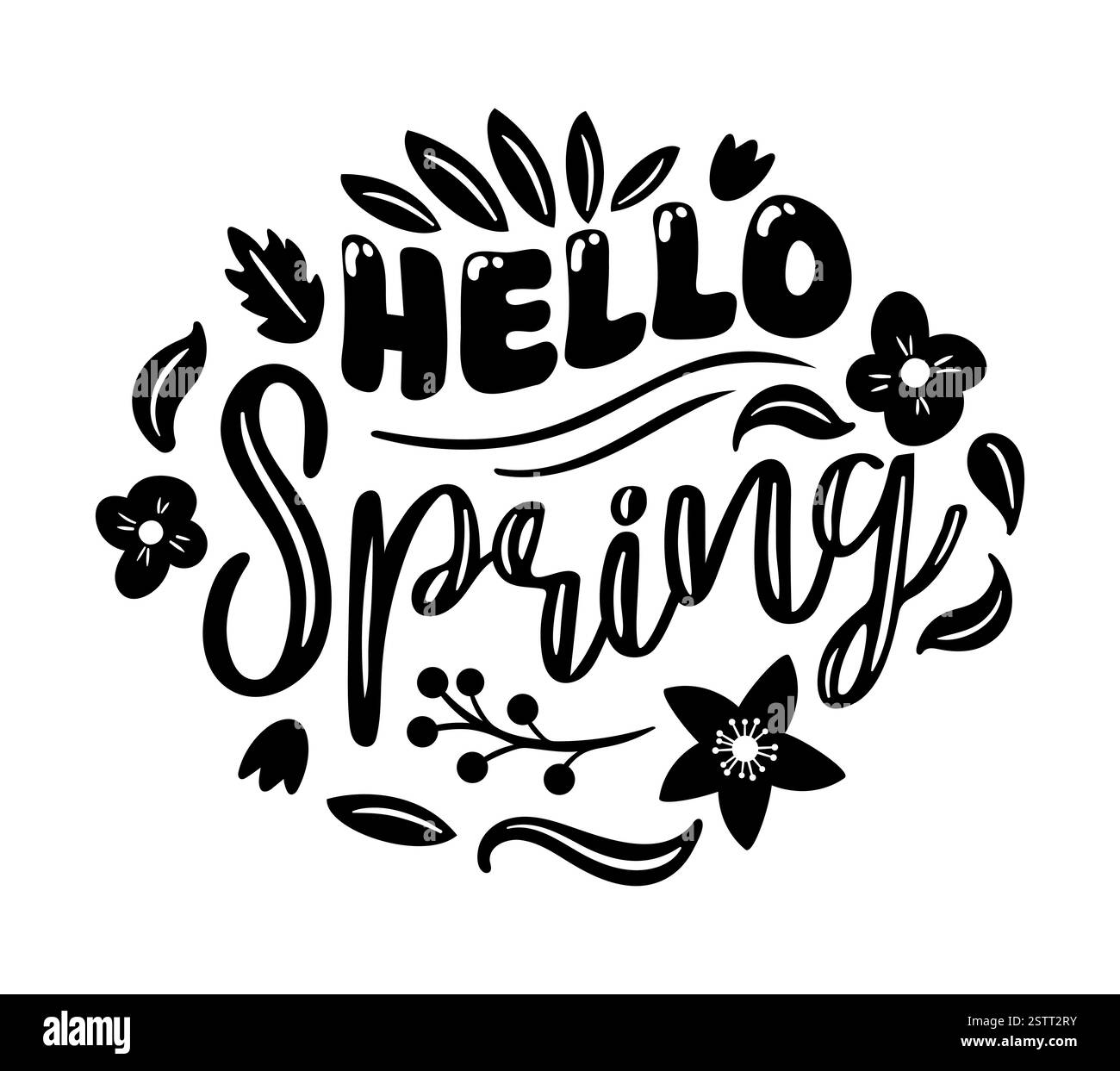 Hallo Frühling. Vektorillustration zeigt handbeschriftete, mit Blumen verflochten. Perfekt für saisonale Designs, Einladungen und Dekorationen, IT capt Stock Vektor