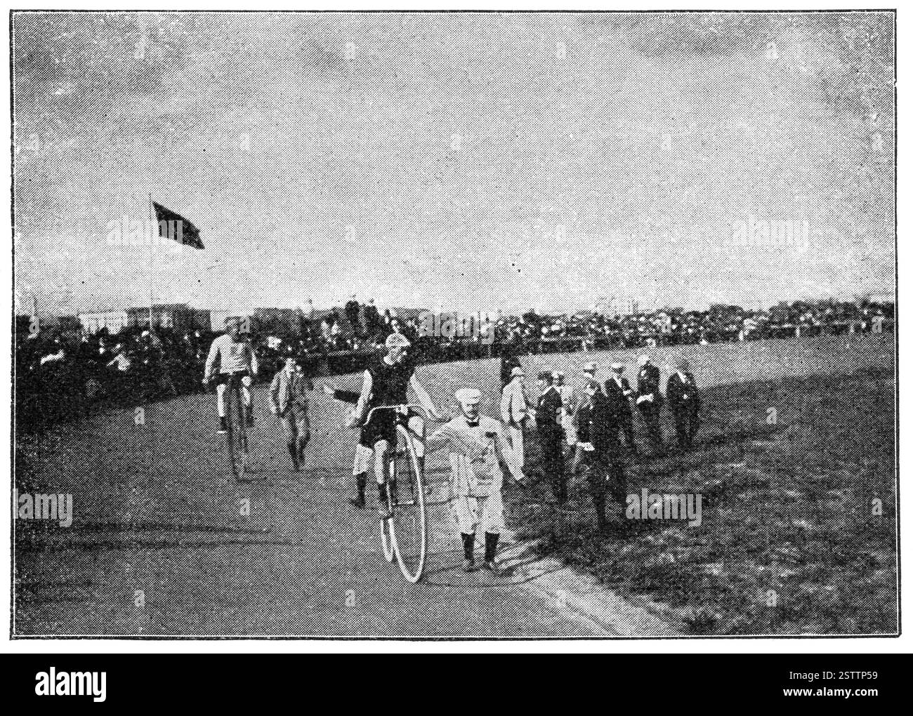 Penny-Farthing Rennen. Illustration des 19. Jahrhunderts. Weißer Hintergrund. Stockfoto