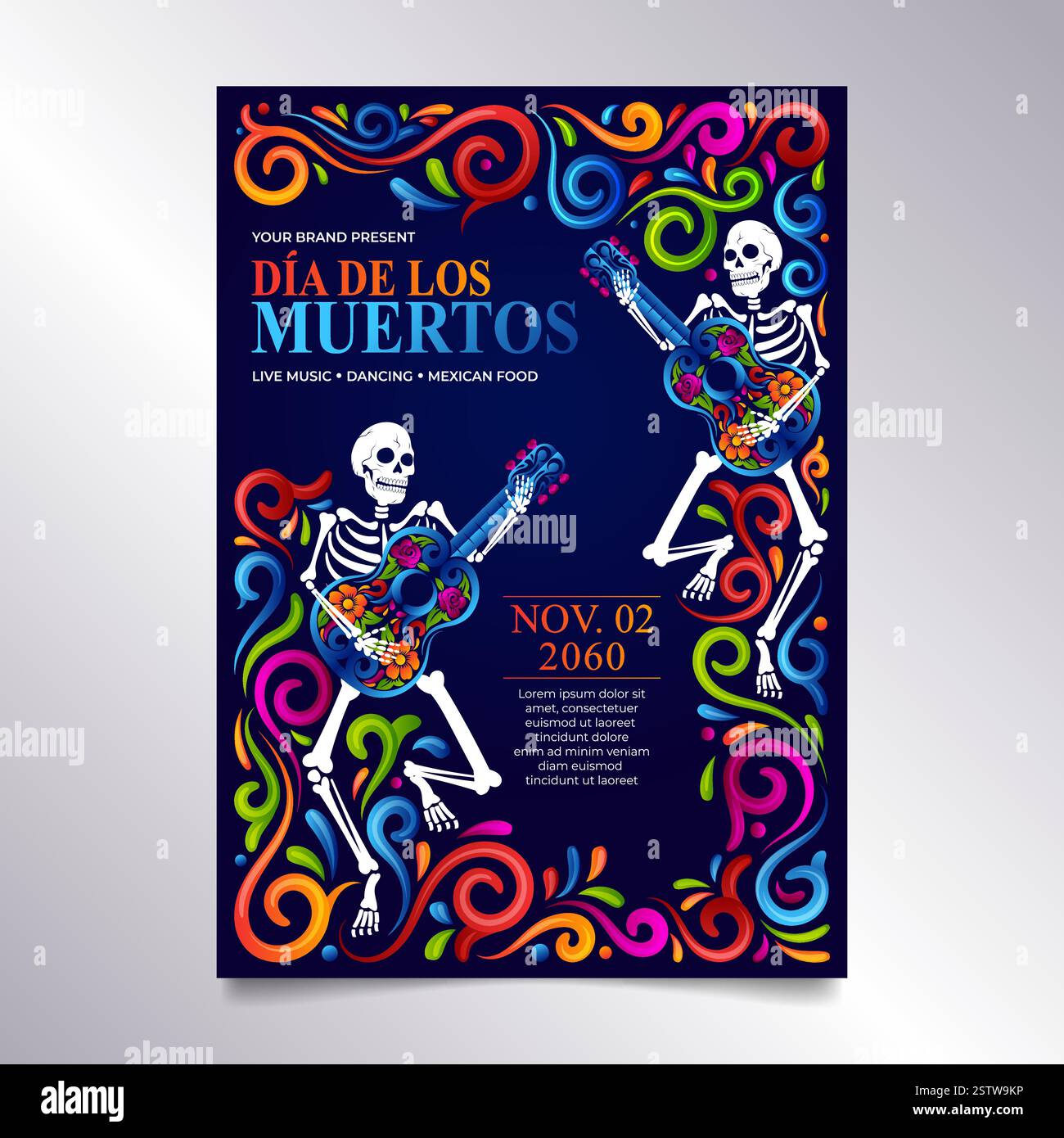 Broschüre Dia de Muertos. Tanzendes Skelett mit farbenprächtigem mexikanischem Ornament-Design Stock Vektor