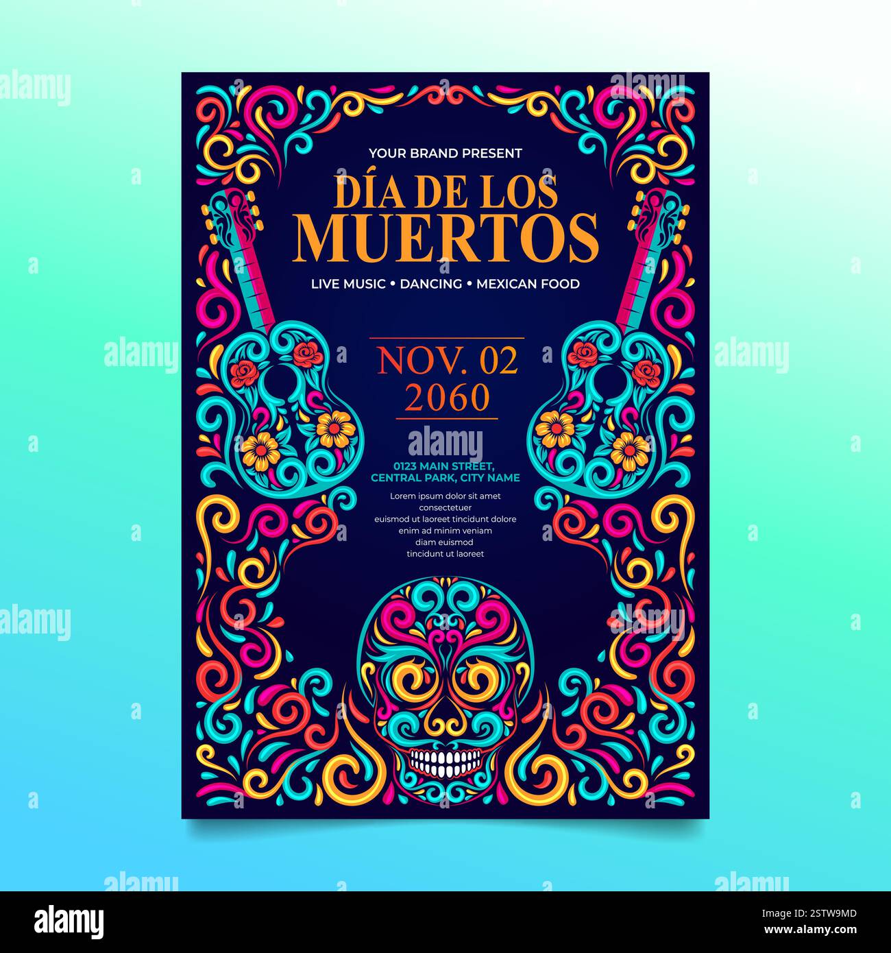 Dia de muertos Flyer, Day of the Dead Sugar Skull mit Gitarre und mexikanischem Blumenschmuck Stock Vektor