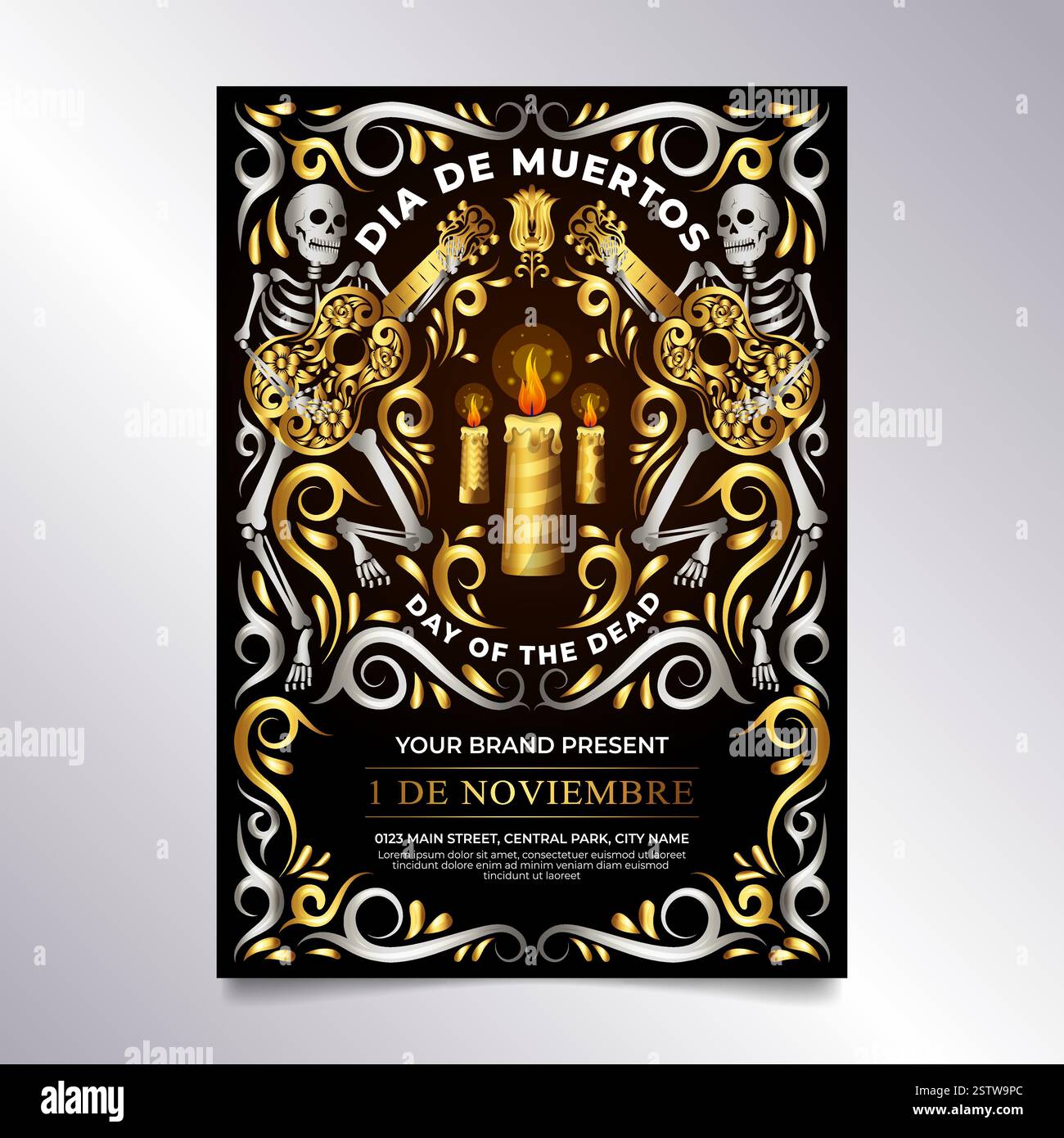 Dia de muertos Flyer, Golden Sugar Skull mit Gitarre und mexikanischem Blumenschmuck Stock Vektor